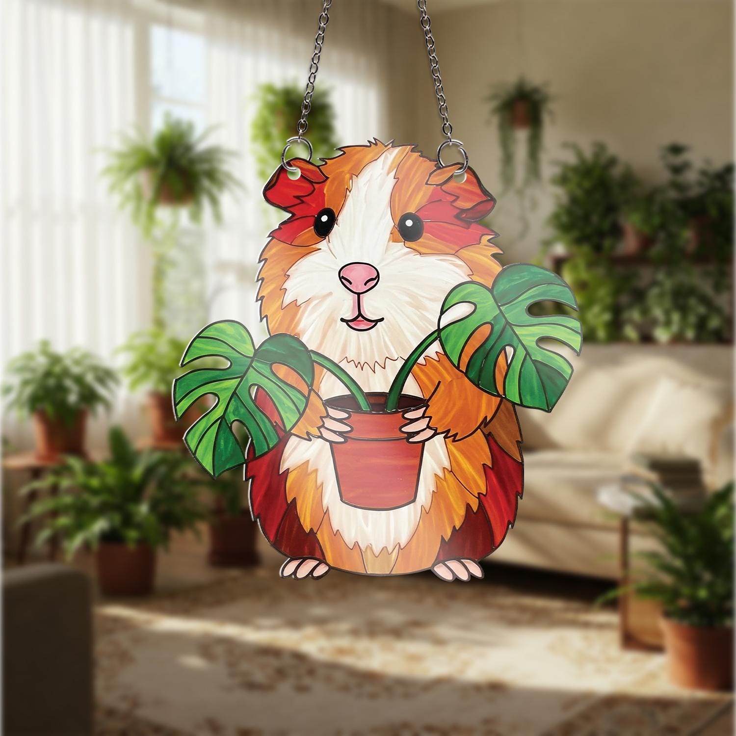 Guinea Pig ACRYLIC Window Hanging – Cute Pet Lover Window Decor with Monstera Plant, Funny Gift for Guinea Pig Owners, Plants Home Decor