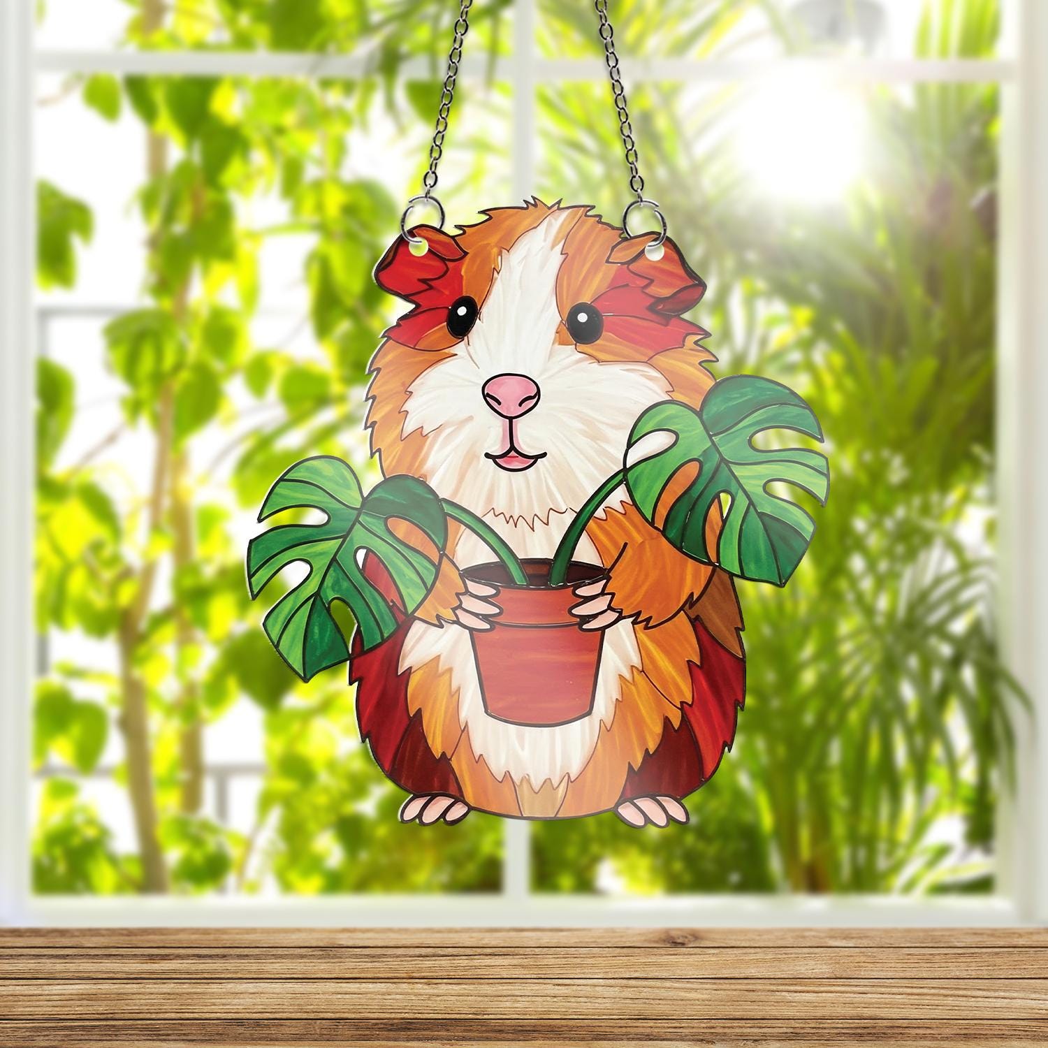 Guinea Pig ACRYLIC Window Hanging – Cute Pet Lover Window Decor with Monstera Plant, Funny Gift for Guinea Pig Owners, Plants Home Decor