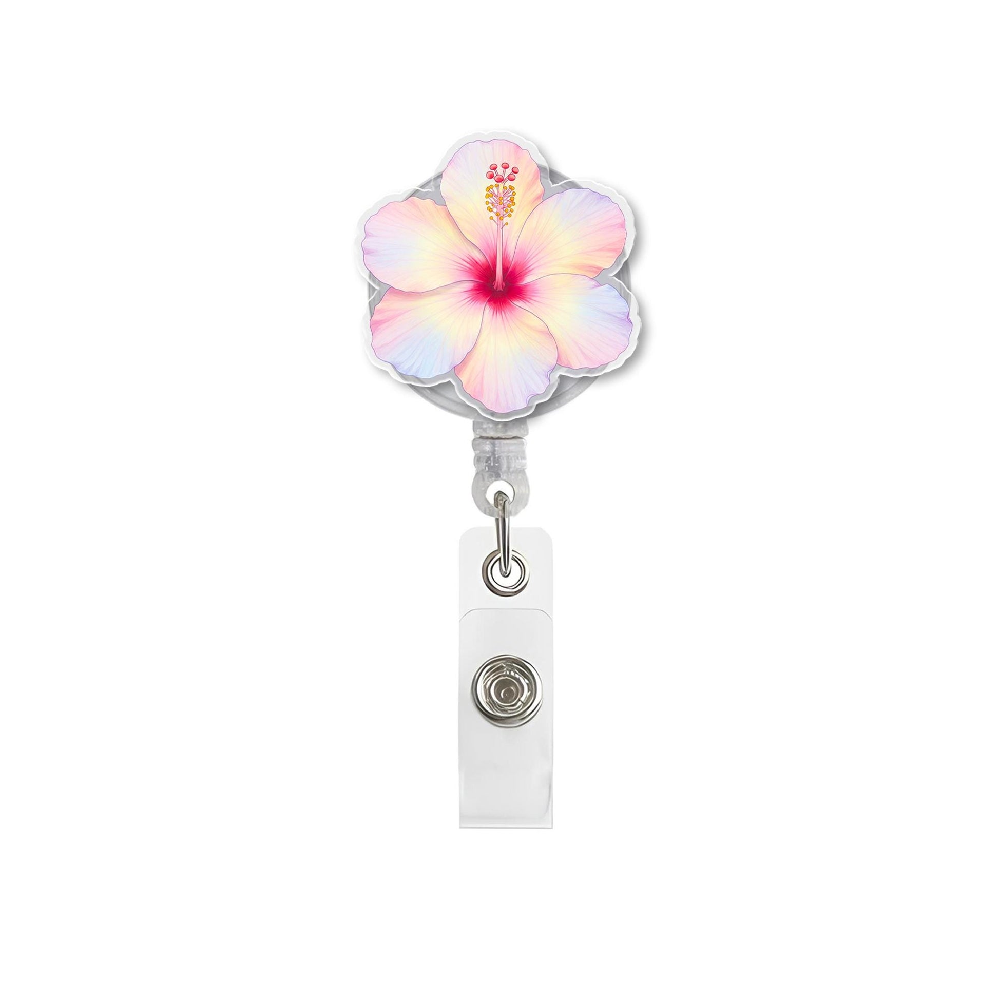 Summer Hibiscus Flower Badge Reel, Tropical Floral Retractable ID Holder for Nurses, Teachers, Office Staff, Doctor, Cute Acrylic Badge Clip