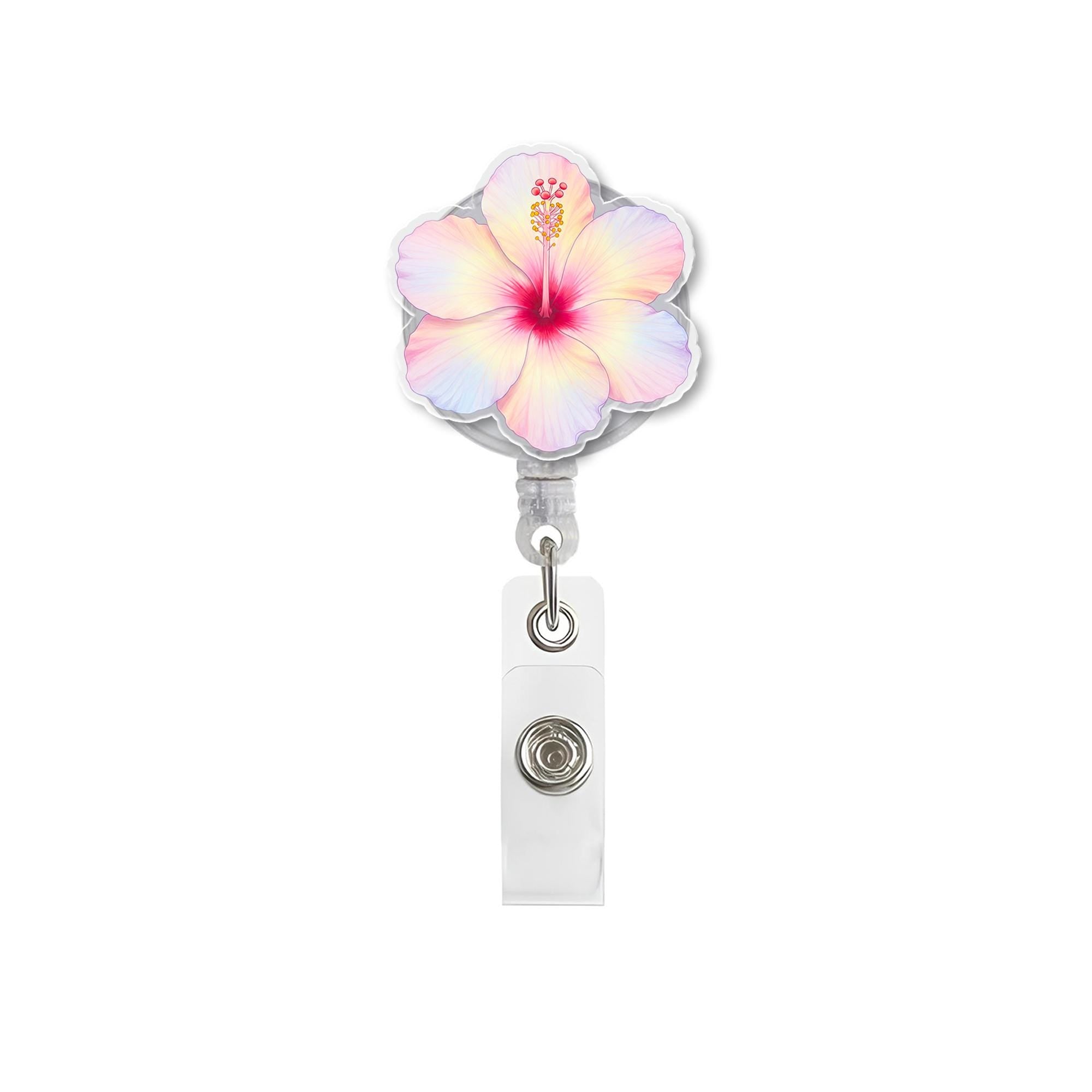 Summer Hibiscus Flower Badge Reel, Tropical Floral Retractable ID Holder for Nurses, Teachers, Office Staff, Doctor, Cute Acrylic Badge Clip