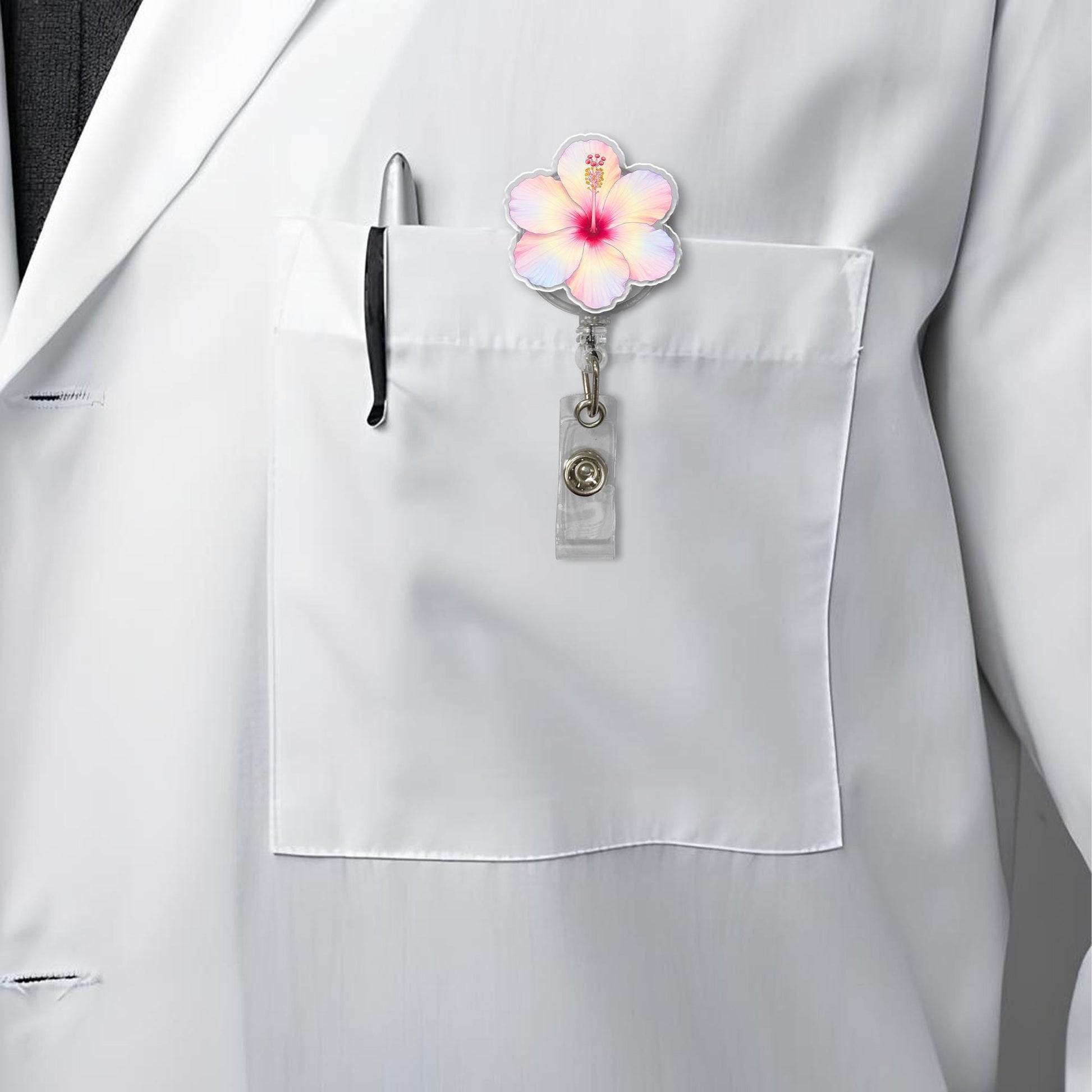 Summer Hibiscus Flower Badge Reel, Tropical Floral Retractable ID Holder for Nurses, Teachers, Office Staff, Doctor, Cute Acrylic Badge Clip