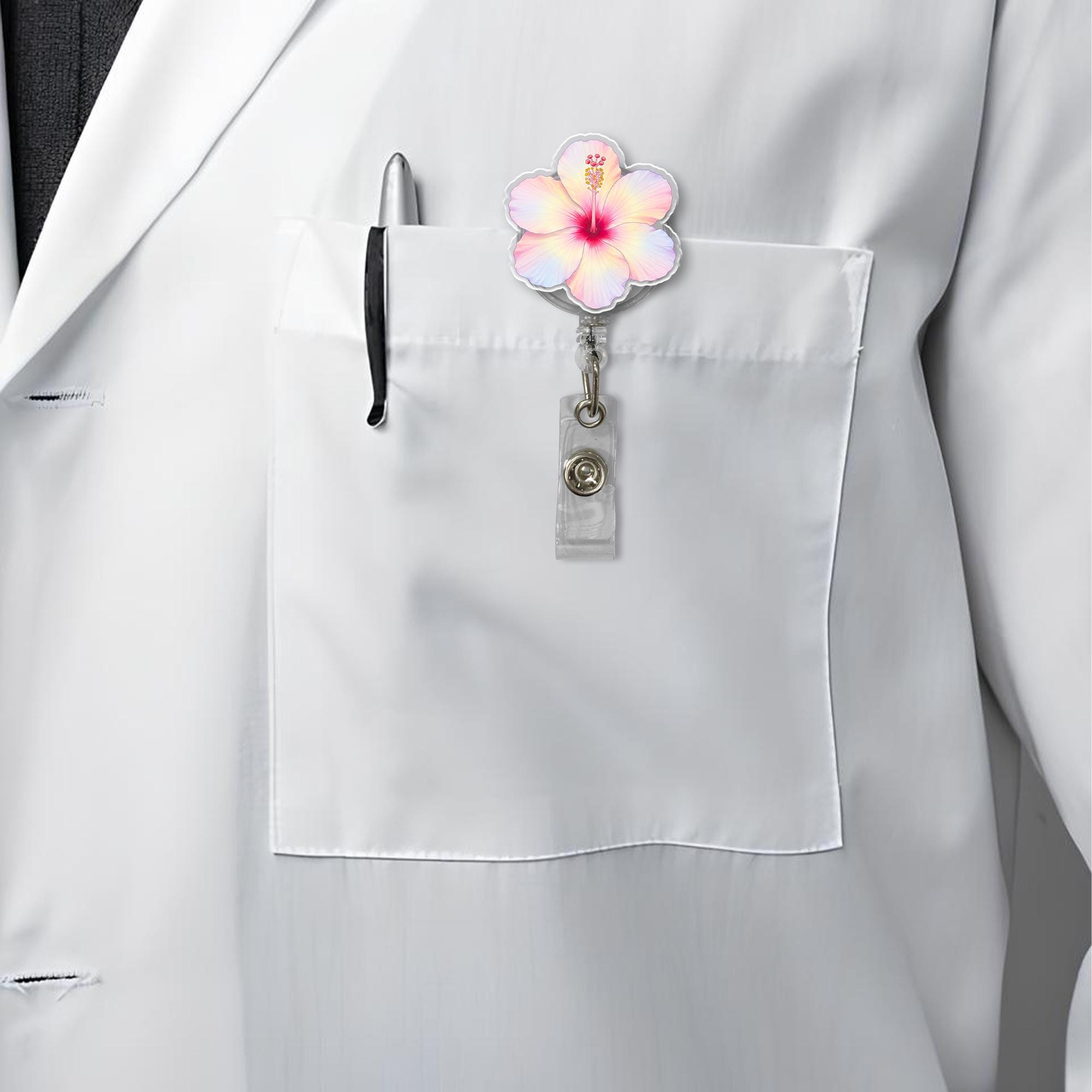 Summer Hibiscus Flower Badge Reel, Tropical Floral Retractable ID Holder for Nurses, Teachers, Office Staff, Doctor, Cute Acrylic Badge Clip