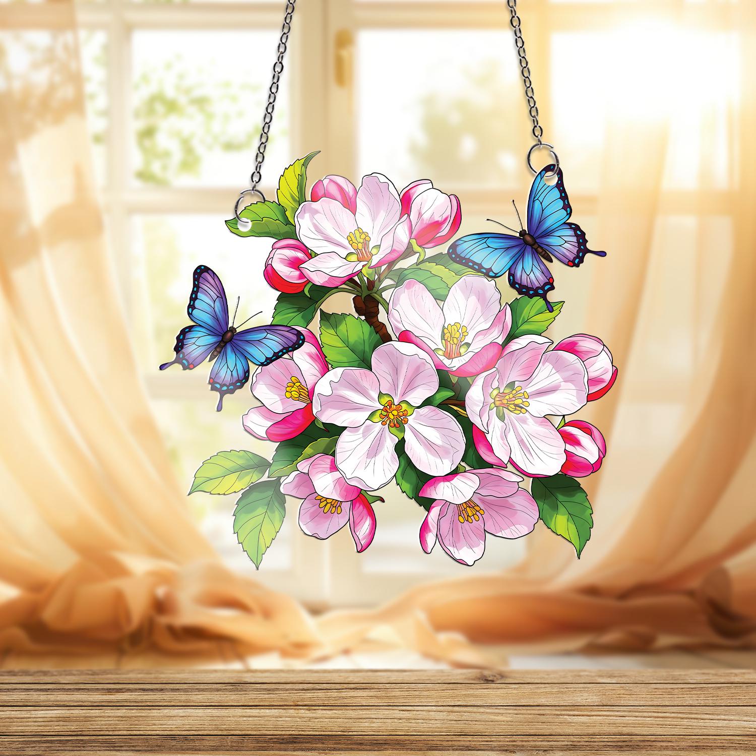 Malus Apple Blossom Acrylic Window Hanging, Apple Flowers & Blue Butterflies Ornament, Spring Decor, Arkansas Flower, Gift for Nature Lovers