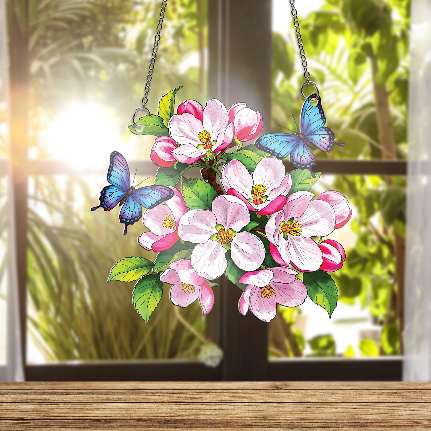 Malus Apple Blossom Acrylic Window Hanging, Apple Flowers & Blue Butterflies Ornament, Spring Decor, Arkansas Flower, Gift for Nature Lovers