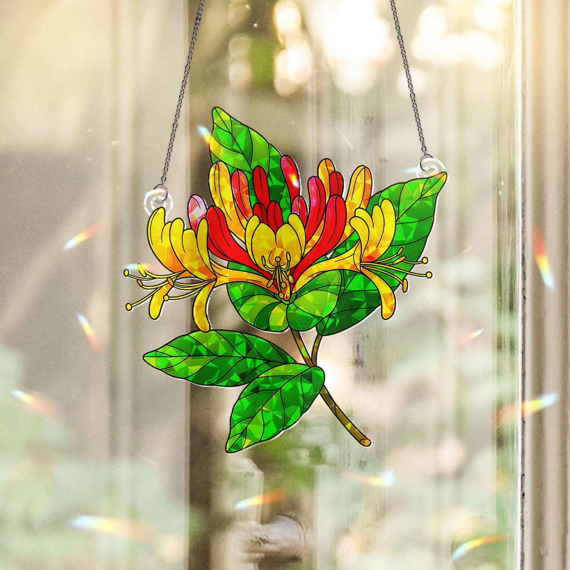 Honeysuckle Bloom Acrylic Ornament, Floral Window Decor, Vibrant Botanical Art, Spring Garden Hanging, Aries Zodiac Flower Gift