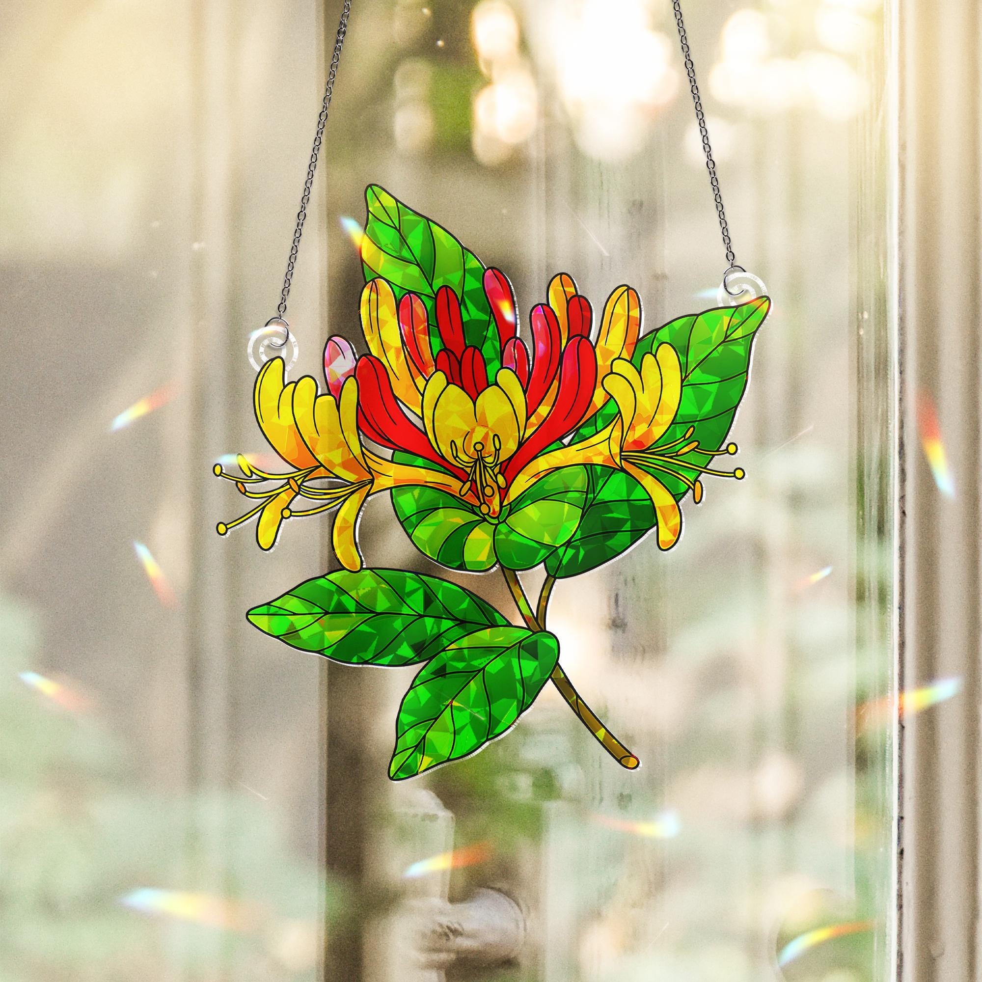Honeysuckle Bloom Acrylic Ornament, Floral Window Decor, Vibrant Botanical Art, Spring Garden Hanging, Aries Zodiac Flower Gift