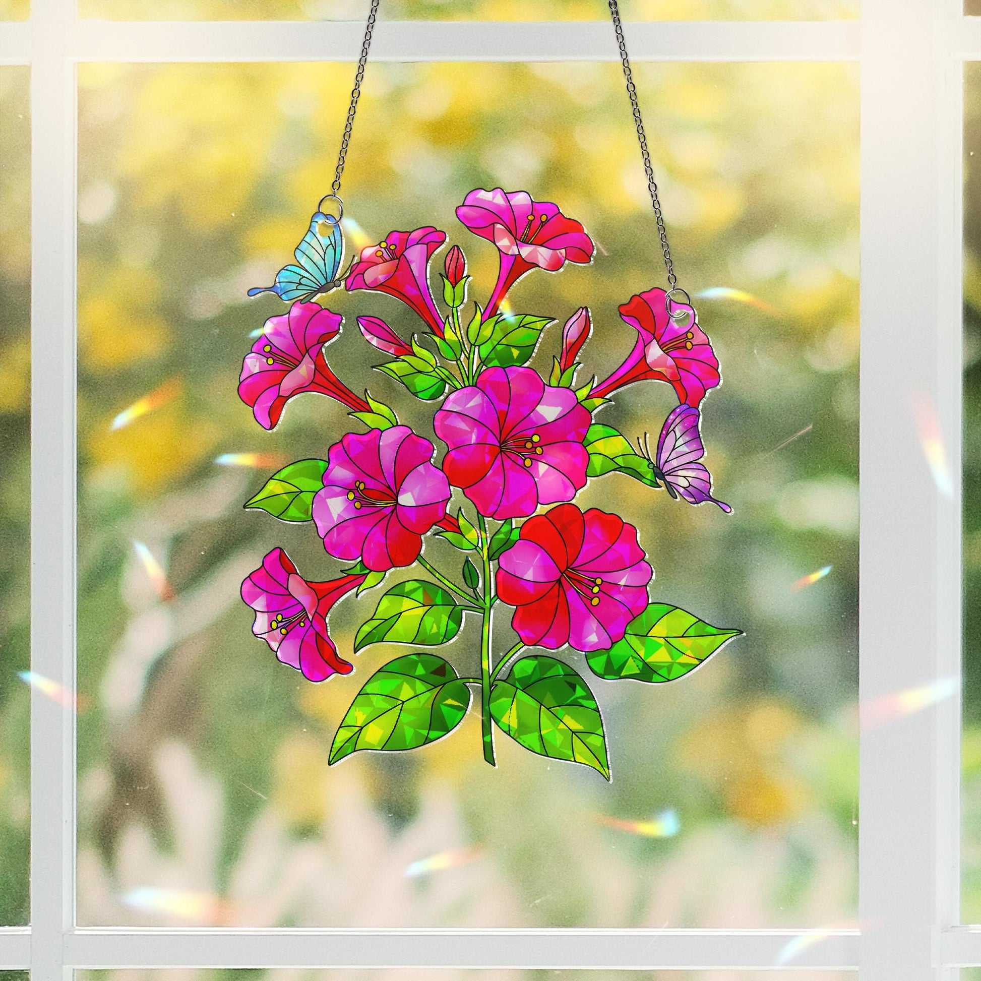 Mirabilis Jalapa Flower Butterflies Acrylic Window Decor, Garden Hanging Ornament, Botanical Gift for Her,Connecticut Floral Home Decoration