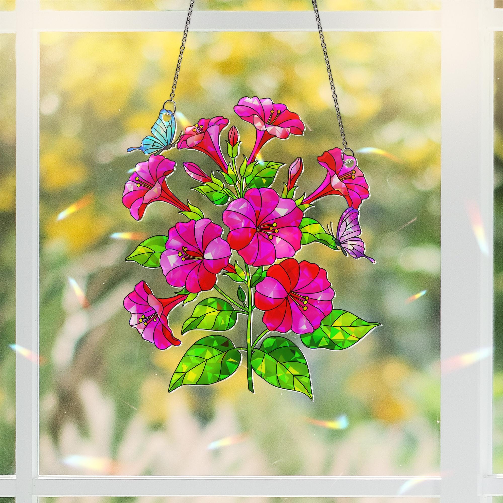 Mirabilis Jalapa Flower Butterflies Acrylic Window Decor, Garden Hanging Ornament, Botanical Gift for Her,Connecticut Floral Home Decoration