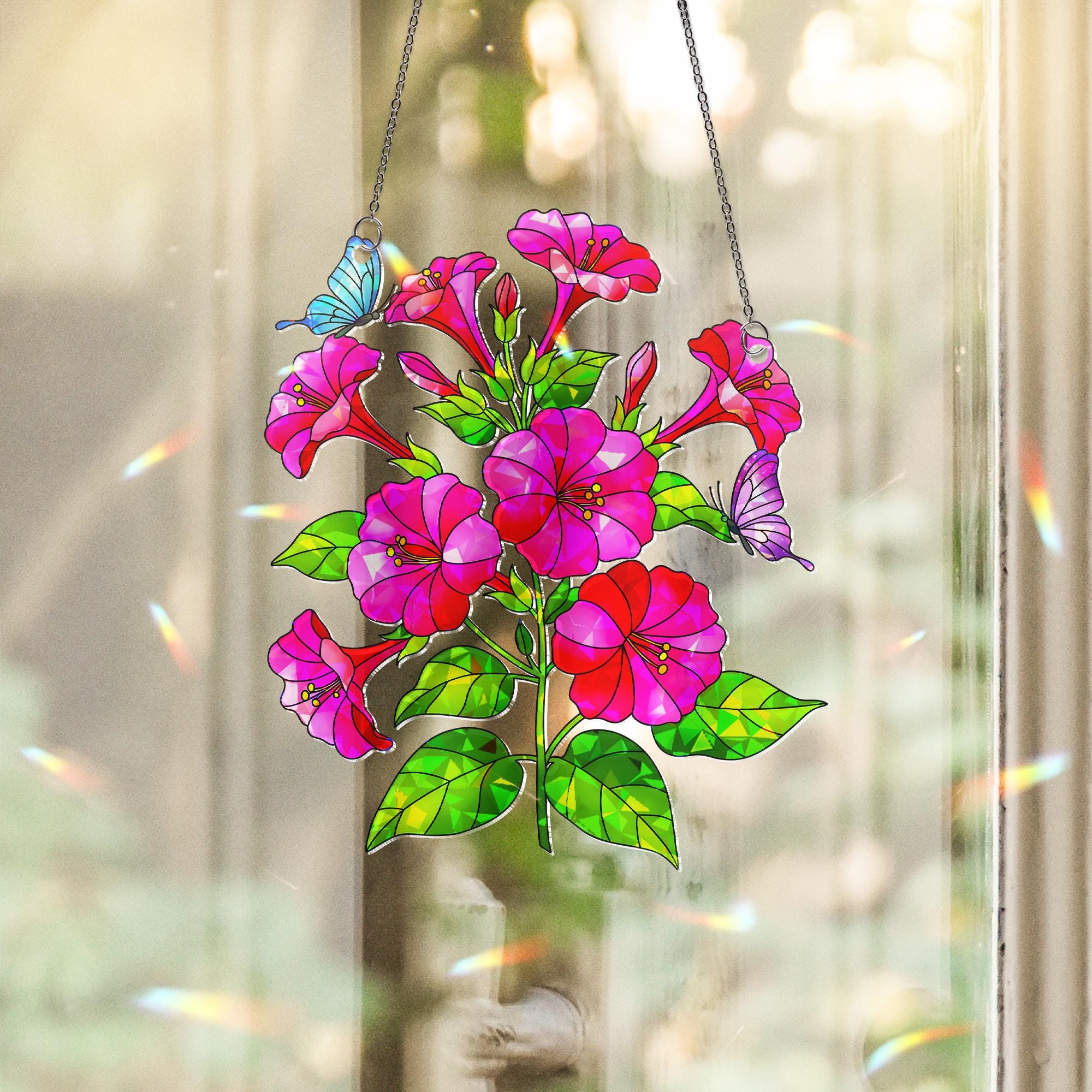 Mirabilis Jalapa Flower Butterflies Acrylic Window Decor, Garden Hanging Ornament, Botanical Gift for Her,Connecticut Floral Home Decoration