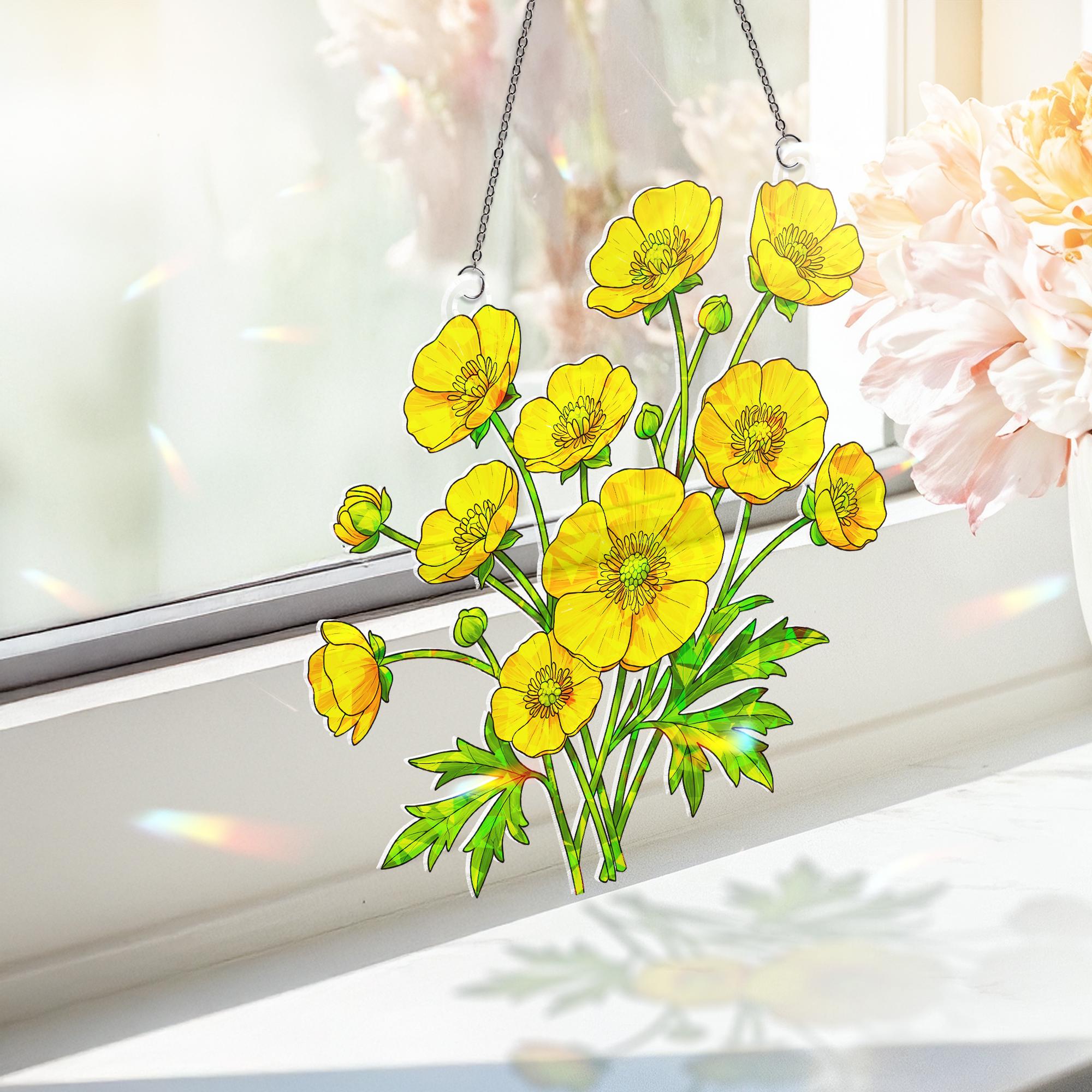 Buttercup Ranunculus Acrylic Window Hanging Ornament - Vibrant Home Decor & Gifts, Flower Garden Decor for Home, Virgo Zodiac Flower