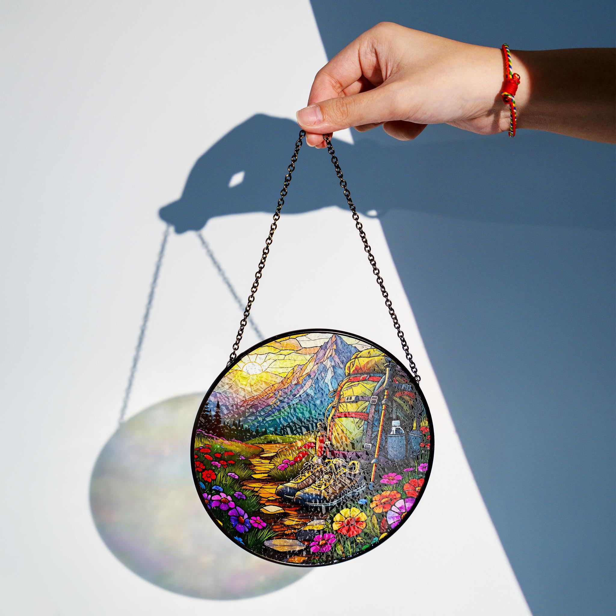 Hiking Adventure Glass Suncatcher - Mountain Trail, Backpack, Boots, and Wildflowers Window Hanging - Nature Lover Gift, Outdoor Decor