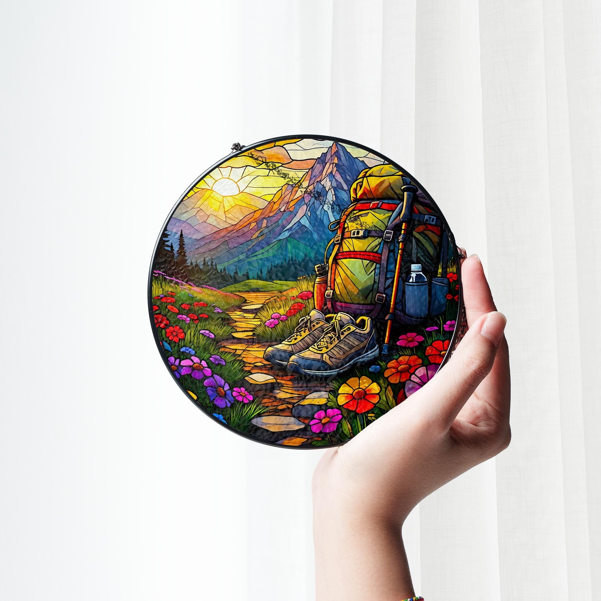 Hiking Adventure Glass Suncatcher - Mountain Trail, Backpack, Boots, and Wildflowers Window Hanging - Nature Lover Gift, Outdoor Decor