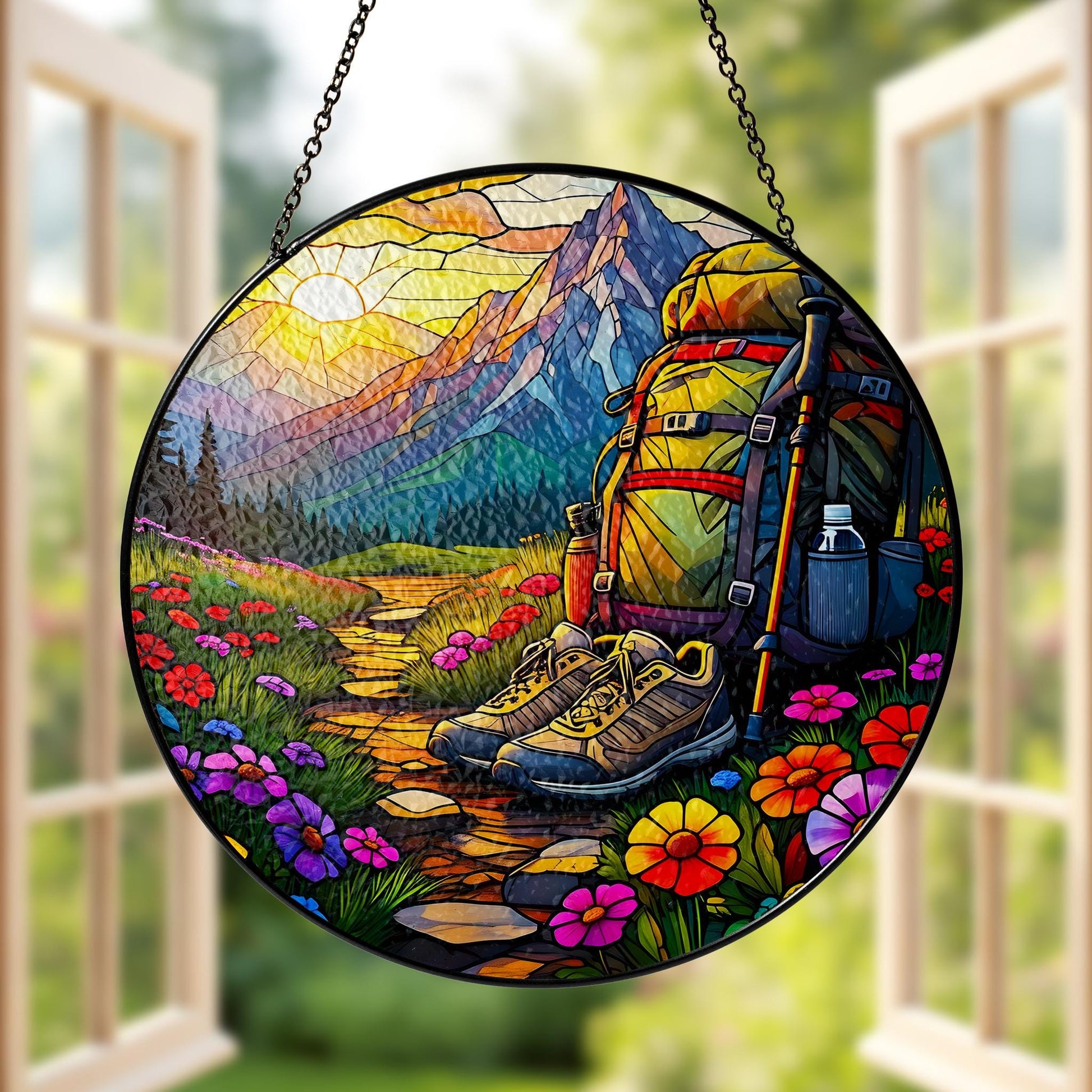 Hiking Adventure Glass Suncatcher - Mountain Trail, Backpack, Boots, and Wildflowers Window Hanging - Nature Lover Gift, Outdoor Decor