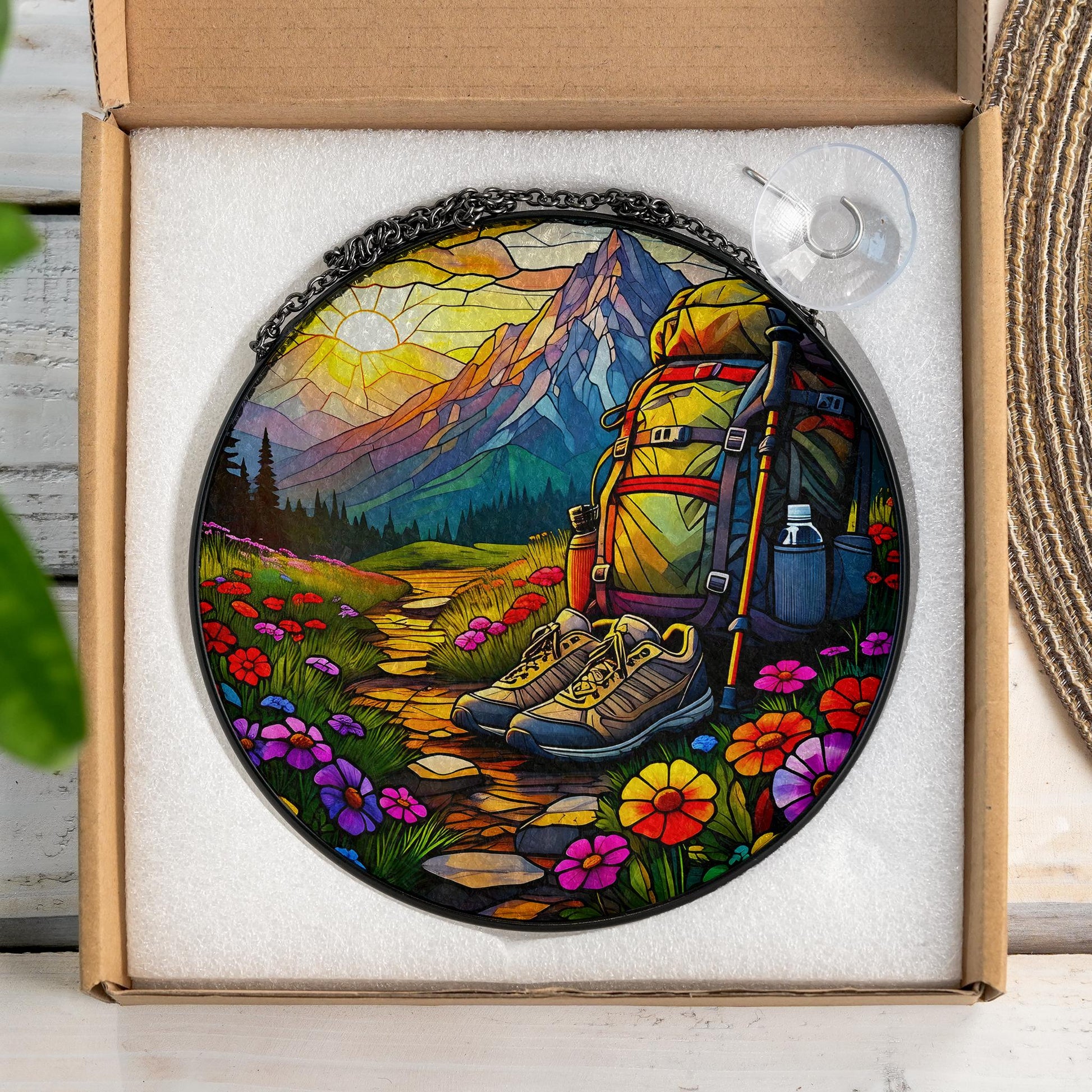 Hiking Adventure Glass Suncatcher - Mountain Trail, Backpack, Boots, and Wildflowers Window Hanging - Nature Lover Gift, Outdoor Decor