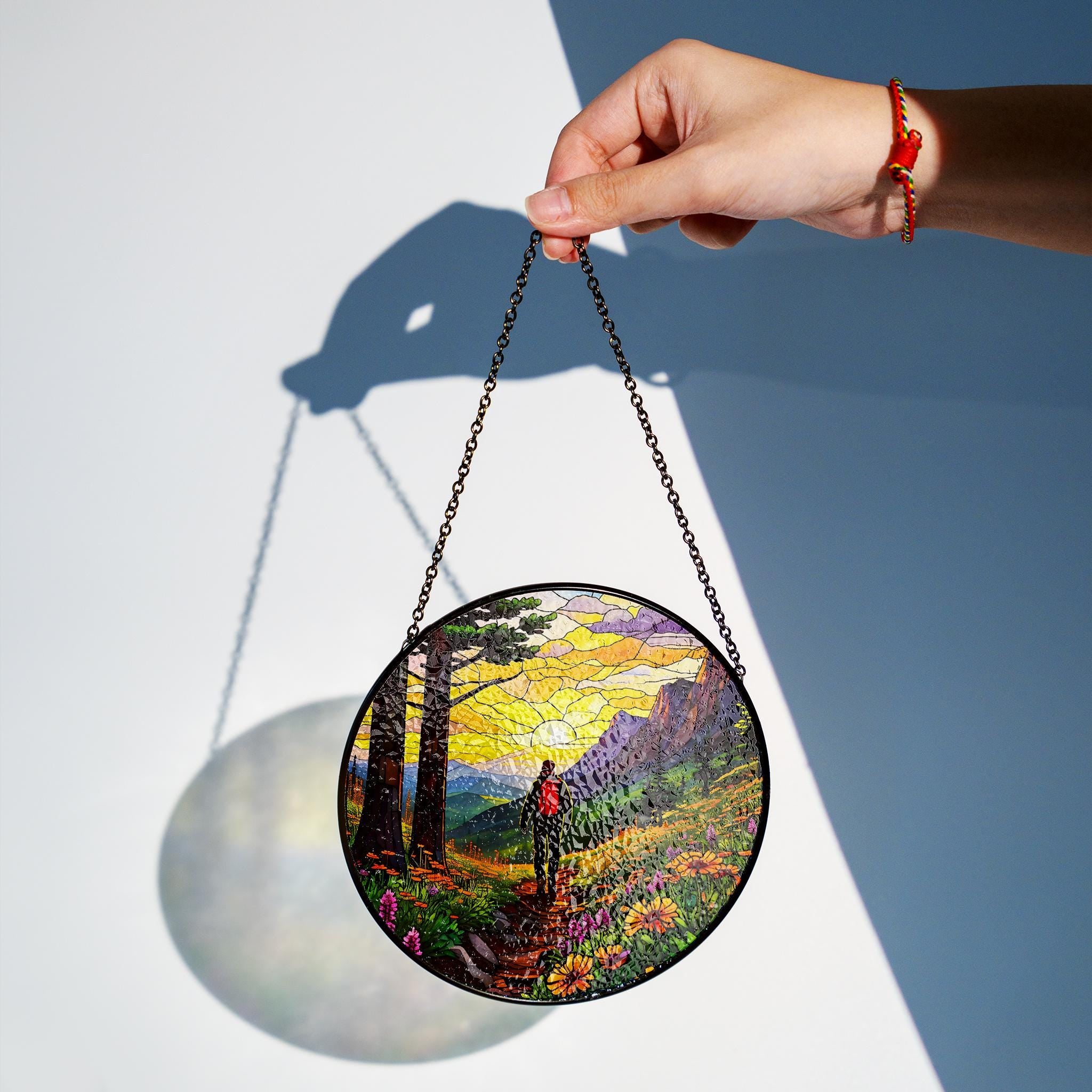 Hiking Man Adventure Glass Suncatcher - Mountain Trail, Backpack, Boots, and Wildflowers Window Hanging - Nature Lover Gift, Outdoor Decor