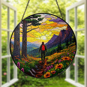 Hiking Man Adventure Glass Suncatcher - Mountain Trail, Backpack, Boots, and Wildflowers Window Hanging - Nature Lover Gift, Outdoor Decor