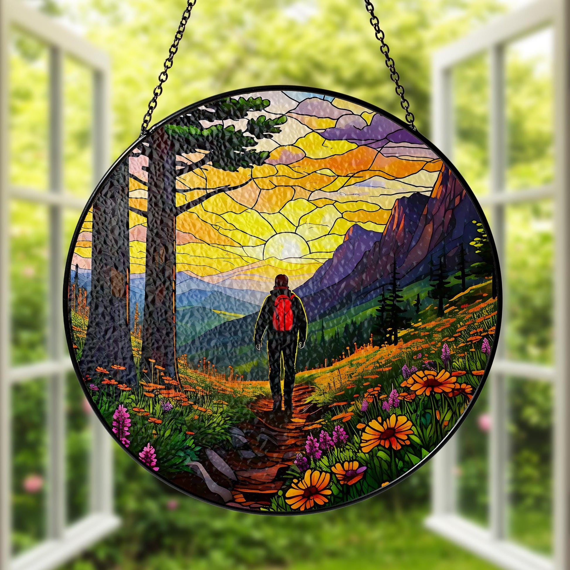 Hiking Man Adventure Glass Suncatcher - Mountain Trail, Backpack, Boots, and Wildflowers Window Hanging - Nature Lover Gift, Outdoor Decor