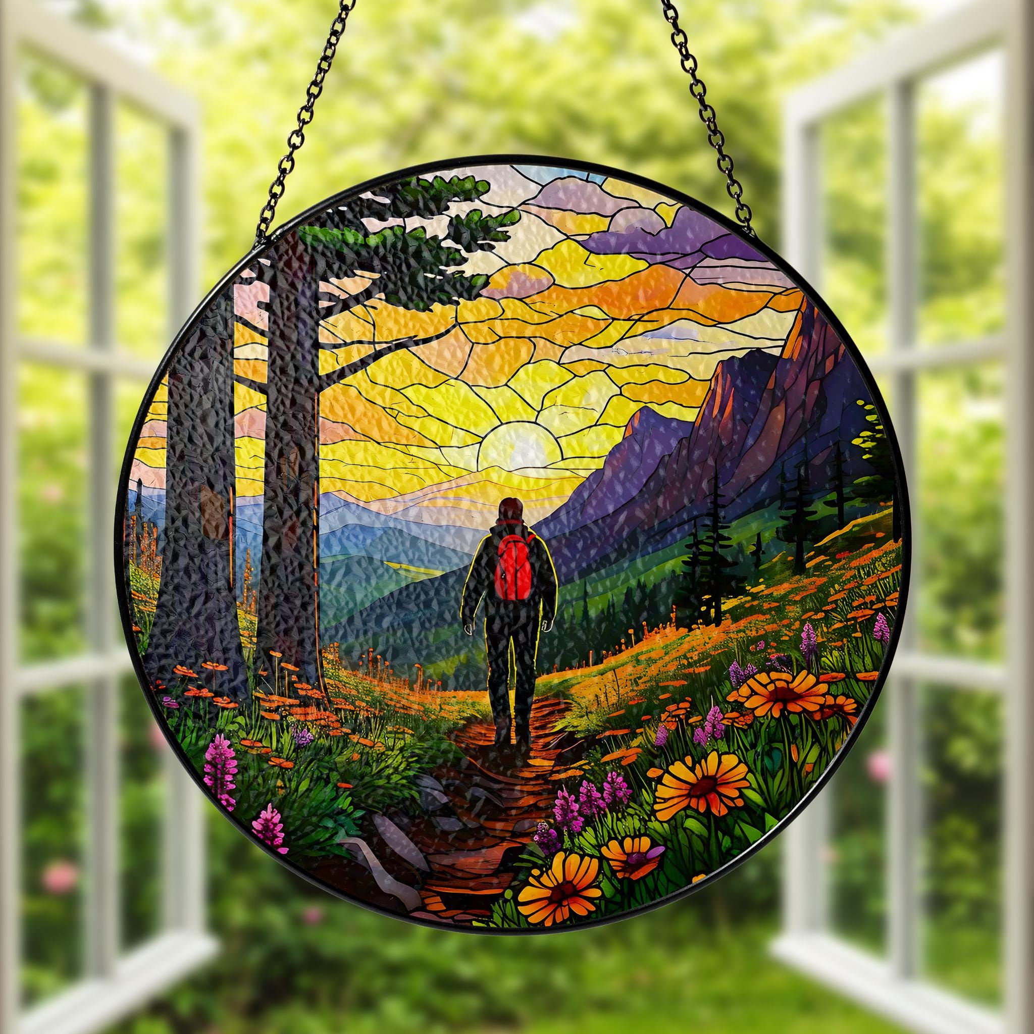 Hiking Man Adventure Glass Suncatcher - Mountain Trail, Backpack, Boots, and Wildflowers Window Hanging - Nature Lover Gift, Outdoor Decor