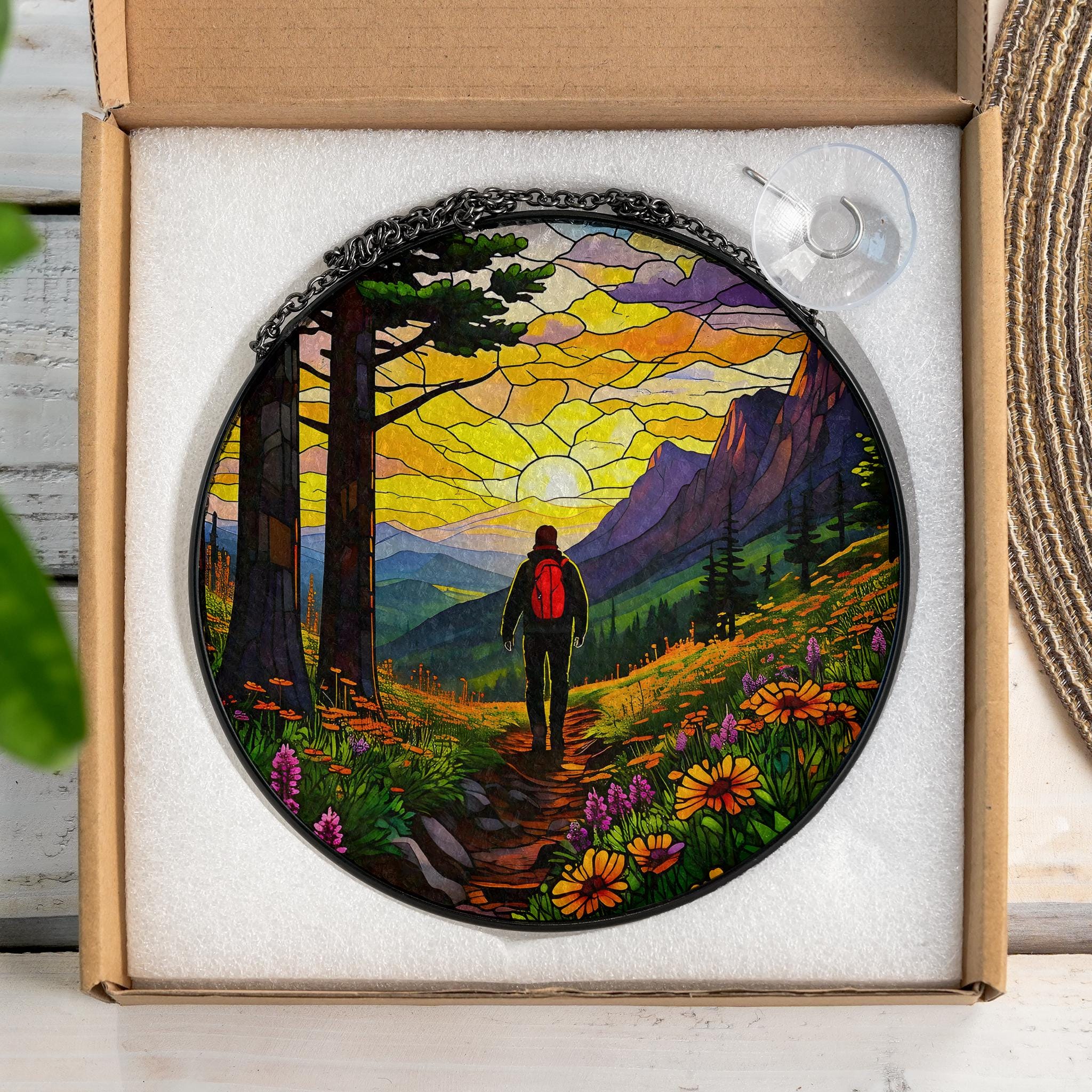 Hiking Man Adventure Glass Suncatcher - Mountain Trail, Backpack, Boots, and Wildflowers Window Hanging - Nature Lover Gift, Outdoor Decor