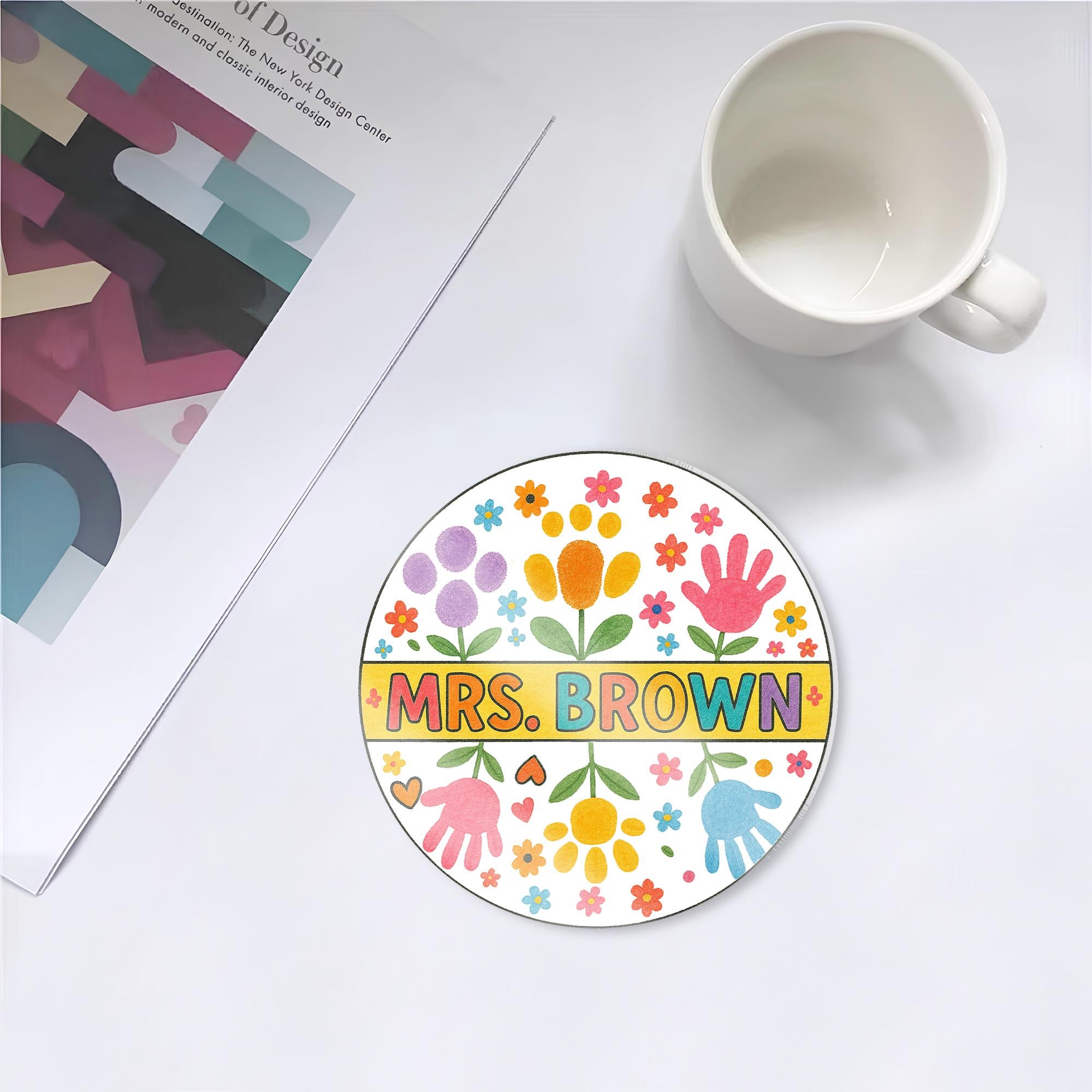 Custom Floral Teacher Coaster – Personalized Name Gift for Classroom Decor, End of Year Appreciation or Desk Accessories