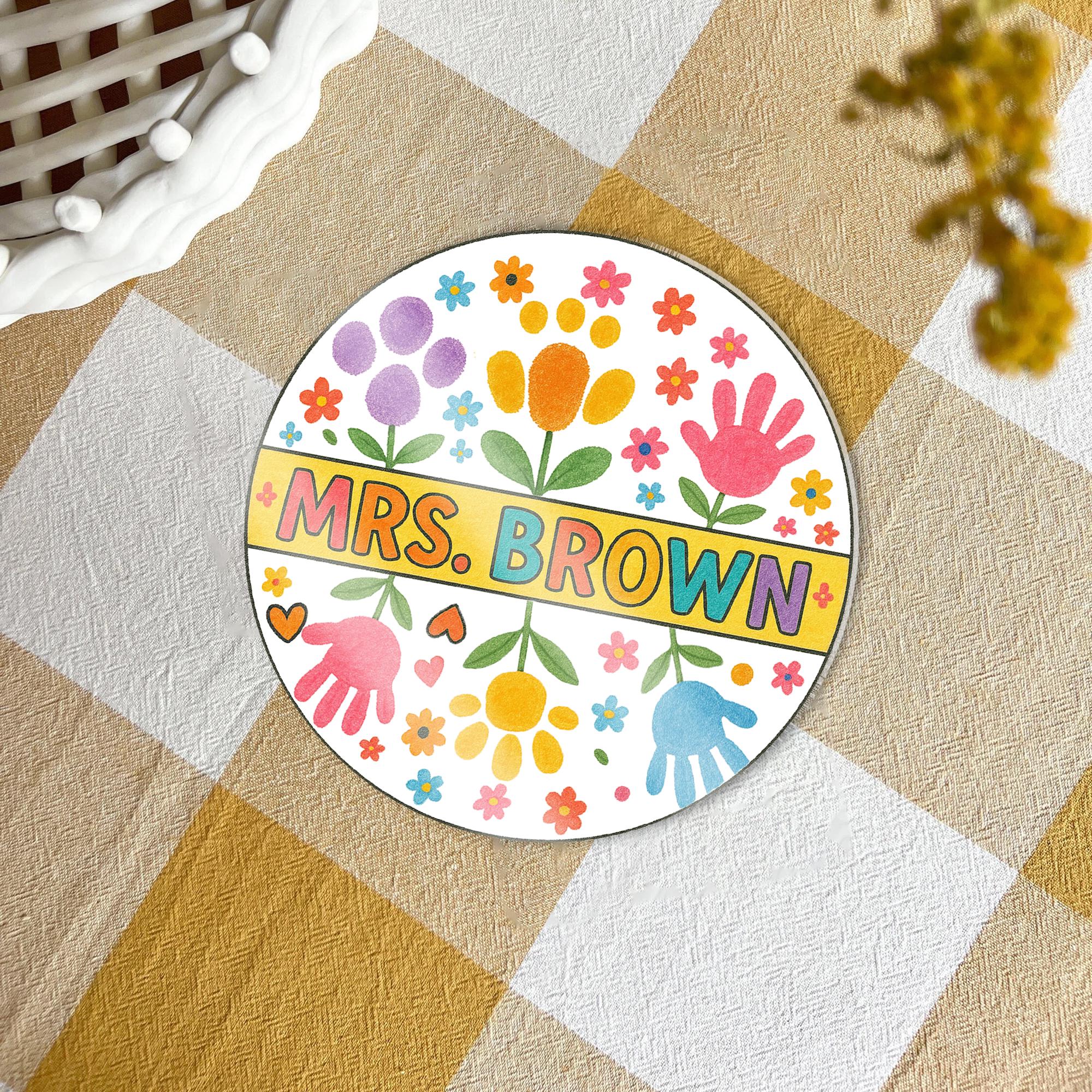 Custom Floral Teacher Coaster – Personalized Name Gift for Classroom Decor, End of Year Appreciation or Desk Accessories