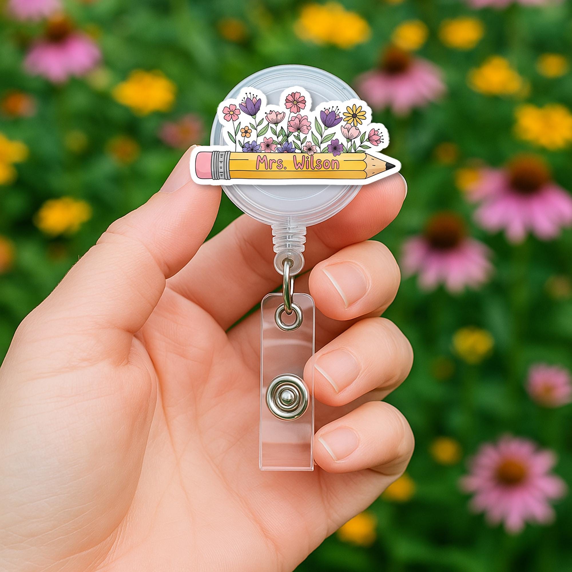 Personalized Floral Pencil Badge Reel – Custom Teacher Name ID Holder, Cute Back to School Accessory, Spring Staff Gift