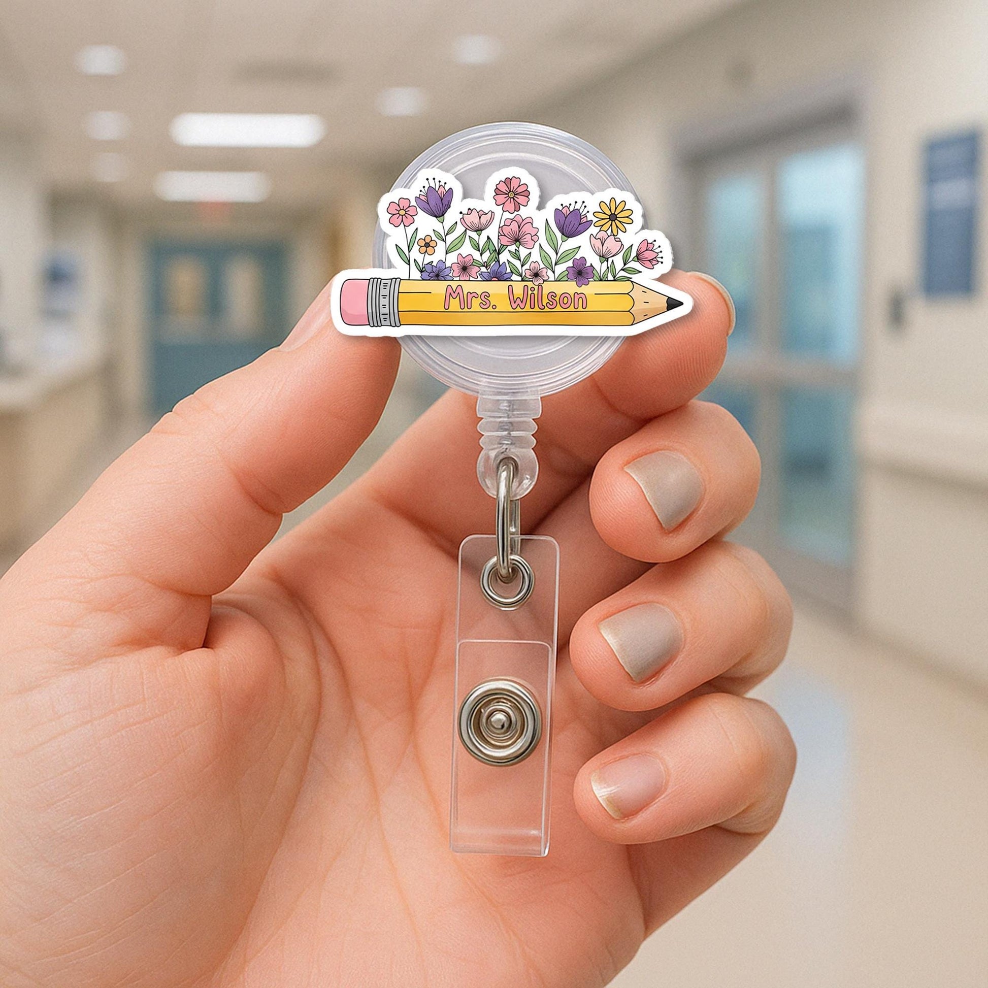 Personalized Floral Pencil Badge Reel – Custom Teacher Name ID Holder, Cute Back to School Accessory, Spring Staff Gift