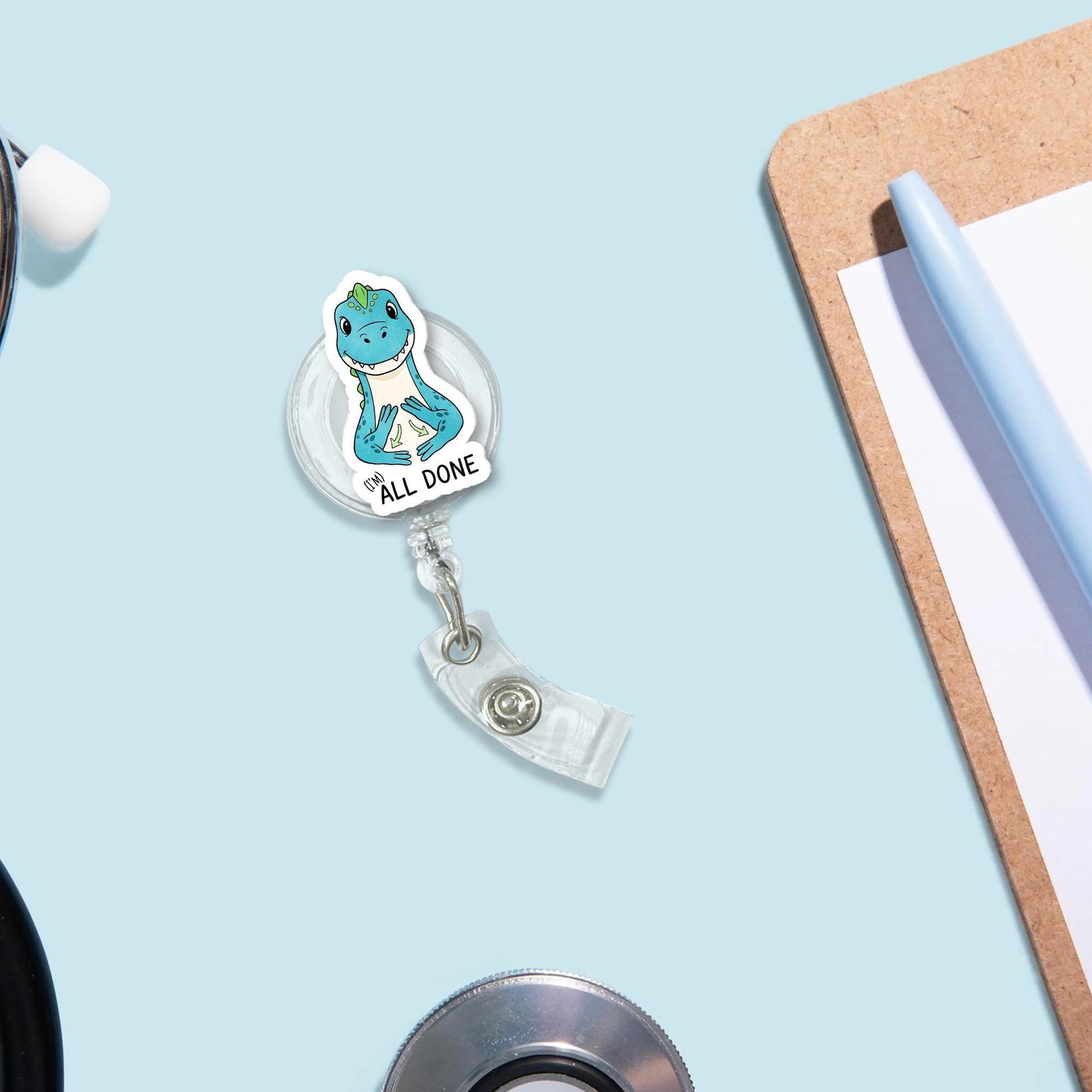 All Done Dinosaur Badge Reel | Cute Dino ASL Badge Clip | Speech Therapy Gift | Preschool Teacher ID Holder | Therapist Accessory