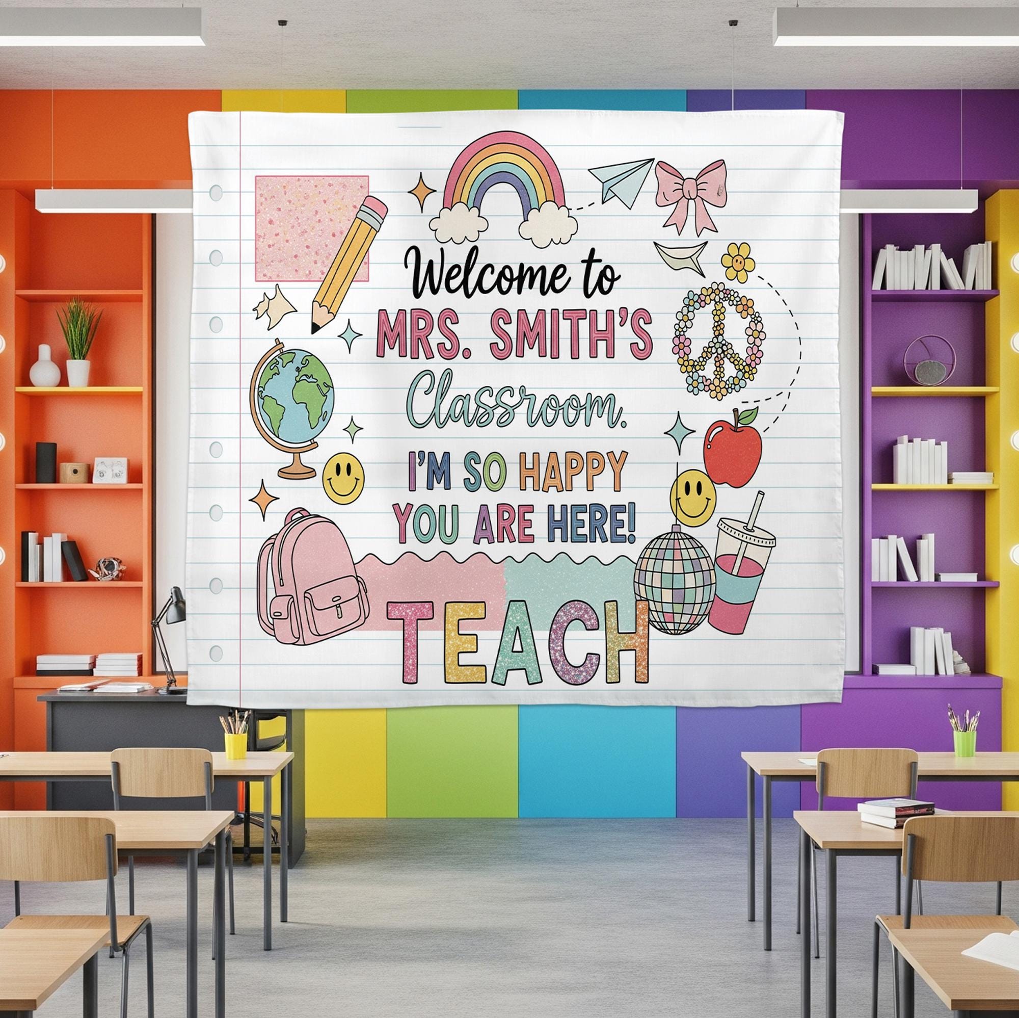 Personalized Teacher Classroom Tapestry, Welcome Banner for Kids, Cute Rainbow Back to School Wall Decor, Custom Teacher Sign