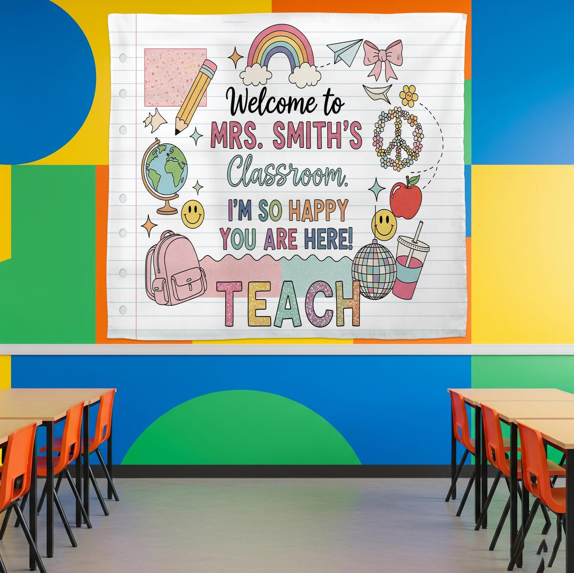 Personalized Teacher Classroom Tapestry, Welcome Banner for Kids, Cute Rainbow Back to School Wall Decor, Custom Teacher Sign