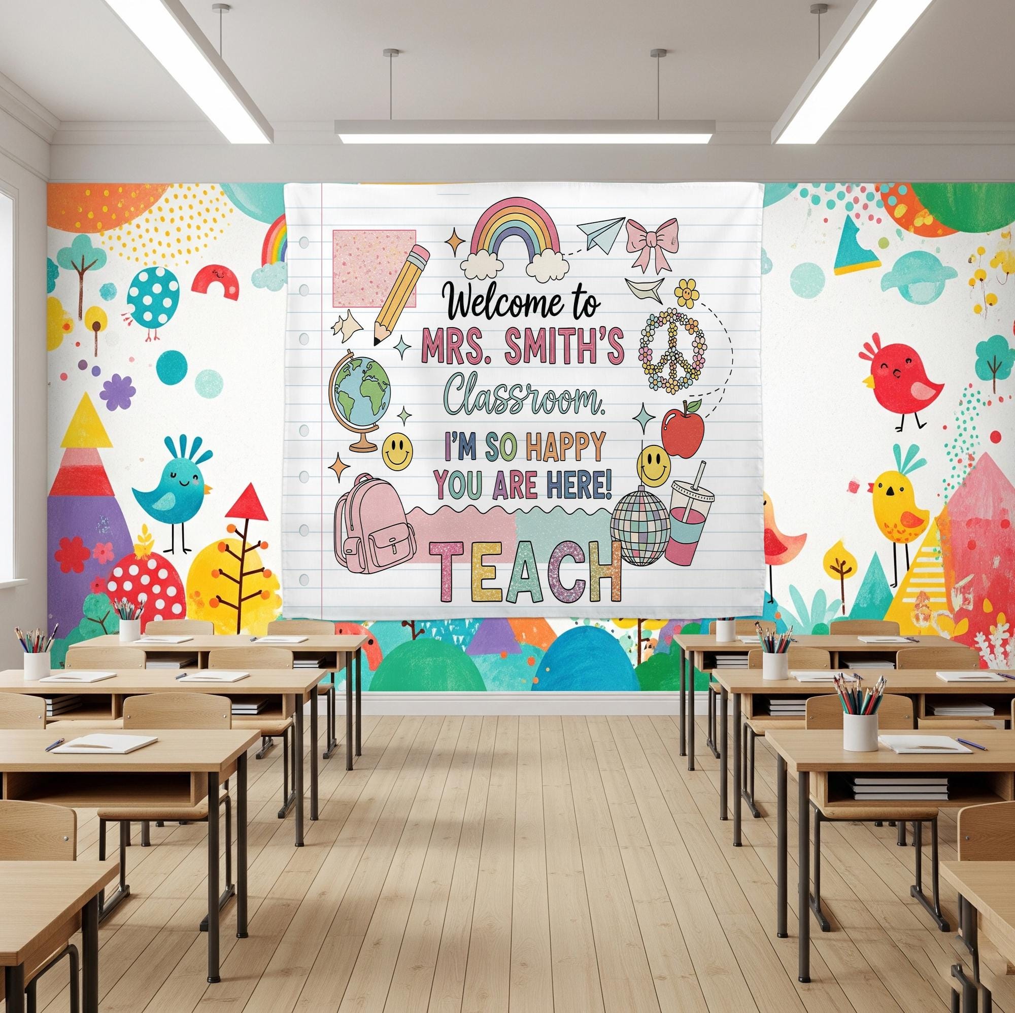 Personalized Teacher Classroom Tapestry, Welcome Banner for Kids, Cute Rainbow Back to School Wall Decor, Custom Teacher Sign