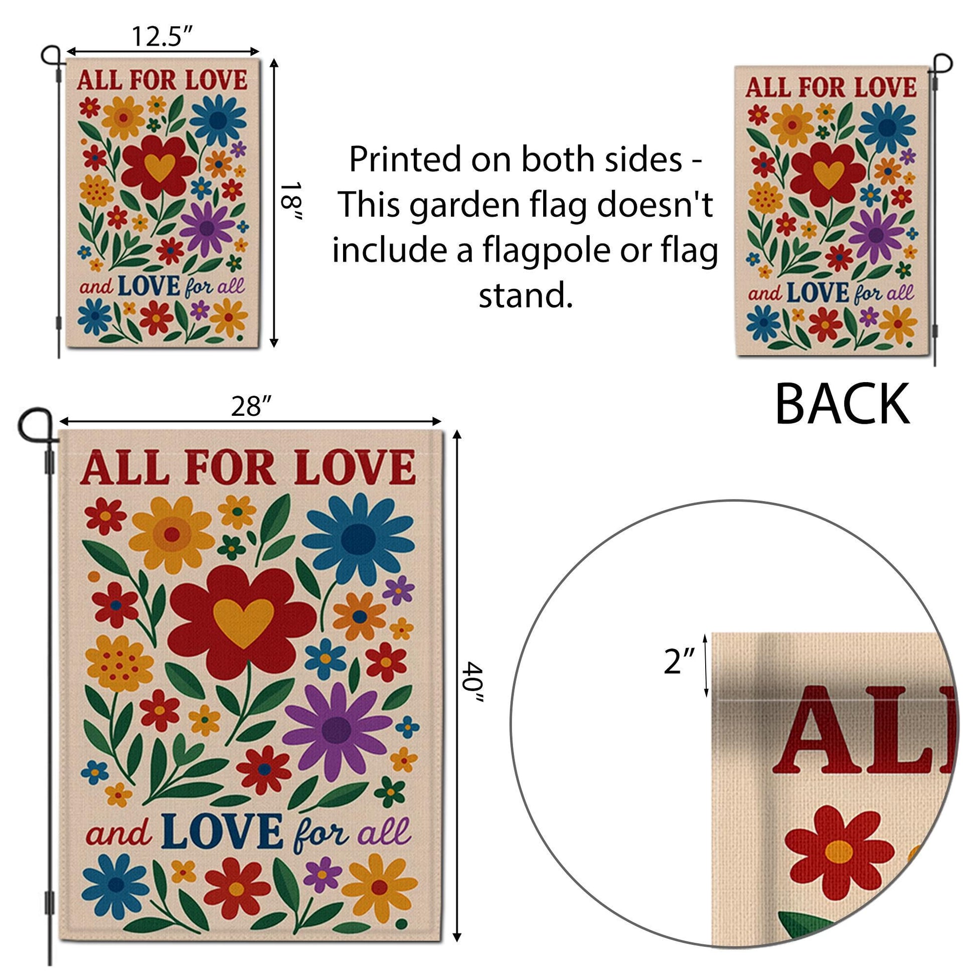 LGBT Pride Garden Flag, All for Love Yard Decor, Colorful Floral Outdoor Sign, Love for All Gift, Inclusive Equality Banner