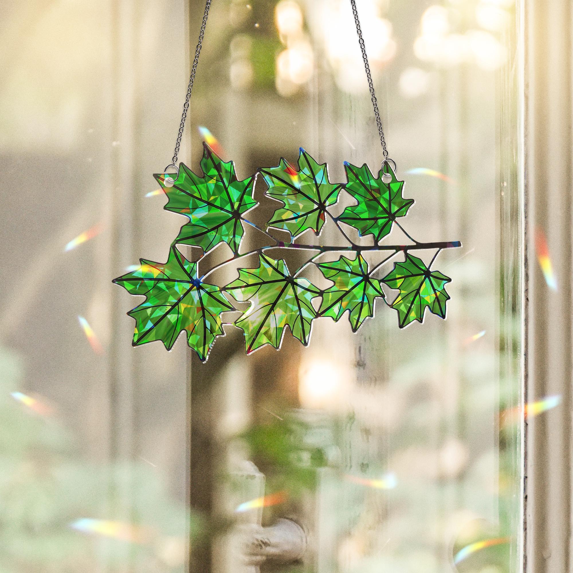 Green Maple Leaf Suncatcher, Holographic Acrylic Window Decor, Canadian Leaf Sun Catcher, Nature Lover Gift, Forest Window Art