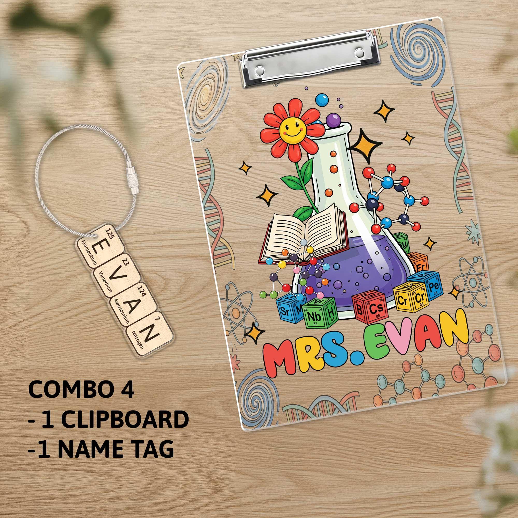 Science Teacher Clipboard and Name Tag Set – Custom Chemistry School Supplies for Back to School Gift – Personalized Science Teacher Gift