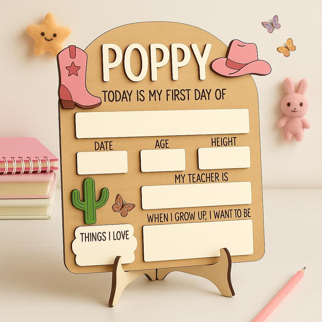 Personalized Cowgirl First Day of School Sign – Back to School Reusable Board – Western Kid School Photo Prop – Custom Name Sign for Girls