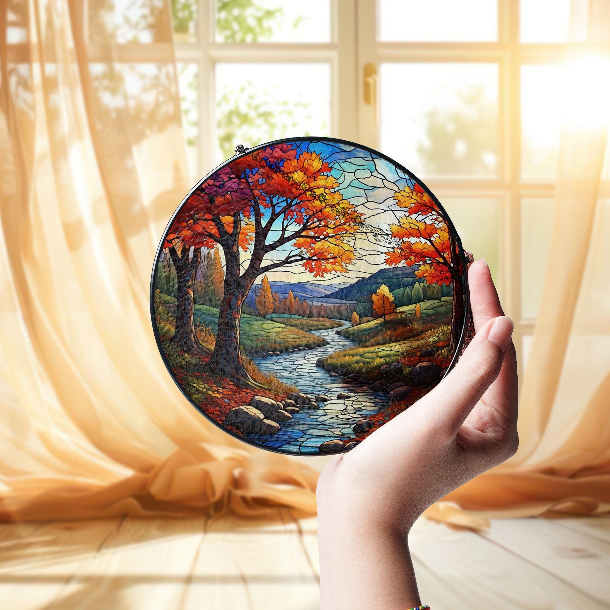 Autumn Glass Suncatcher | Fall Landscape Window Hanging | Glass Suncatcher River Scene | Seasonal Home Decor | Rustic Fall Gift Idea