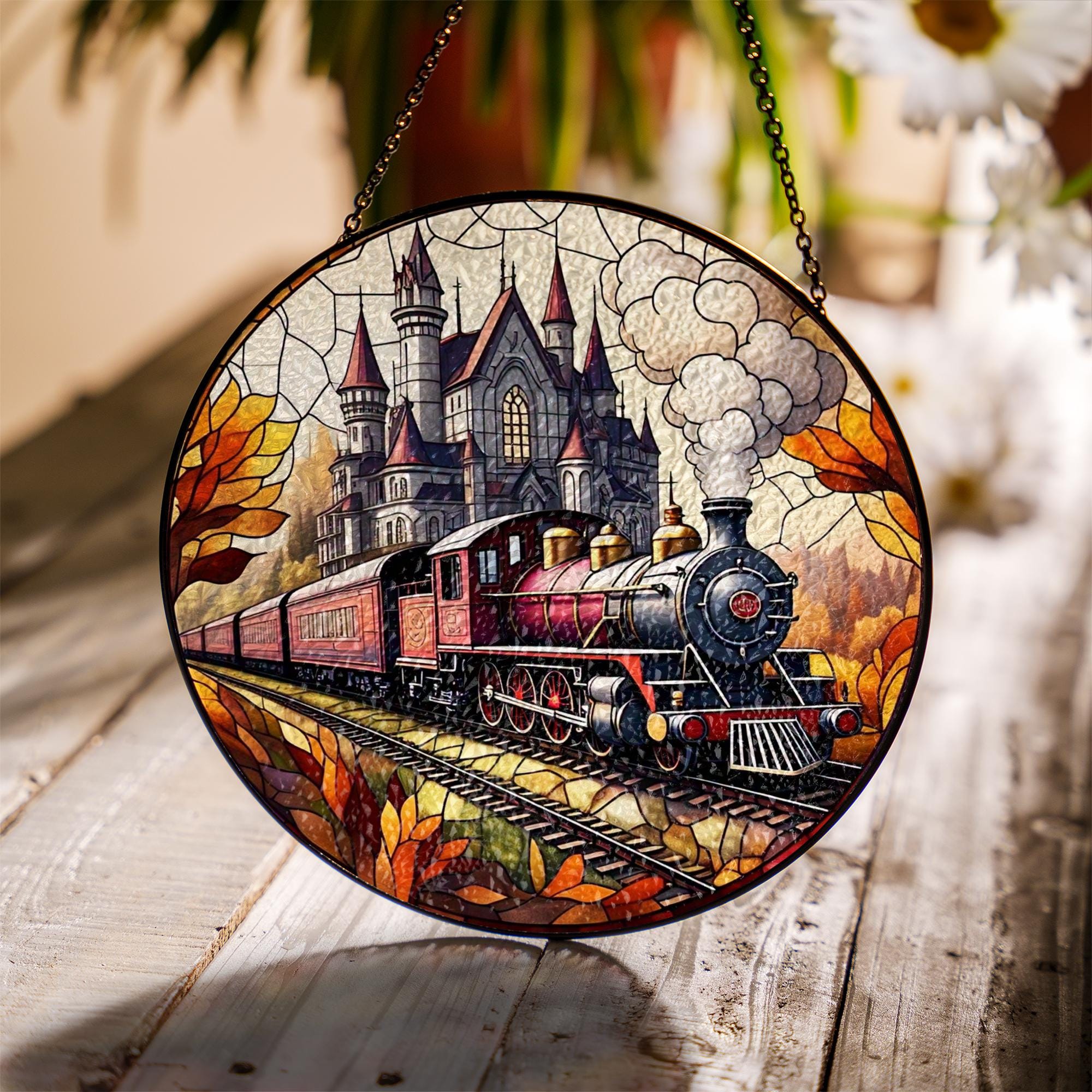 Autumn Train Glass Suncatcher | Fall Steam Engine Window Decor | Glass Suncatcher Castle Scene | Vintage Railroad Gift | Cozy Autumn Art