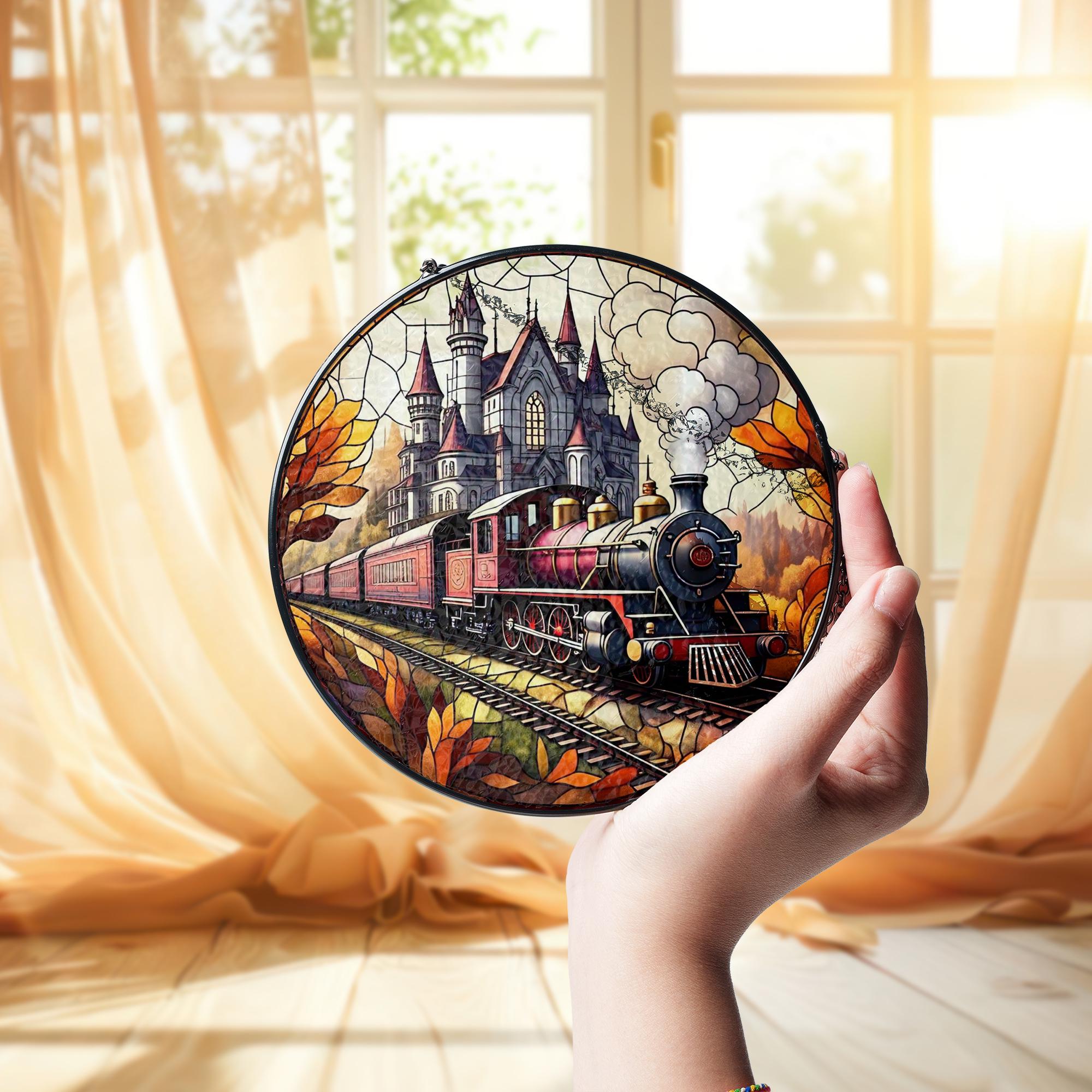 Autumn Train Glass Suncatcher | Fall Steam Engine Window Decor | Glass Suncatcher Castle Scene | Vintage Railroad Gift | Cozy Autumn Art