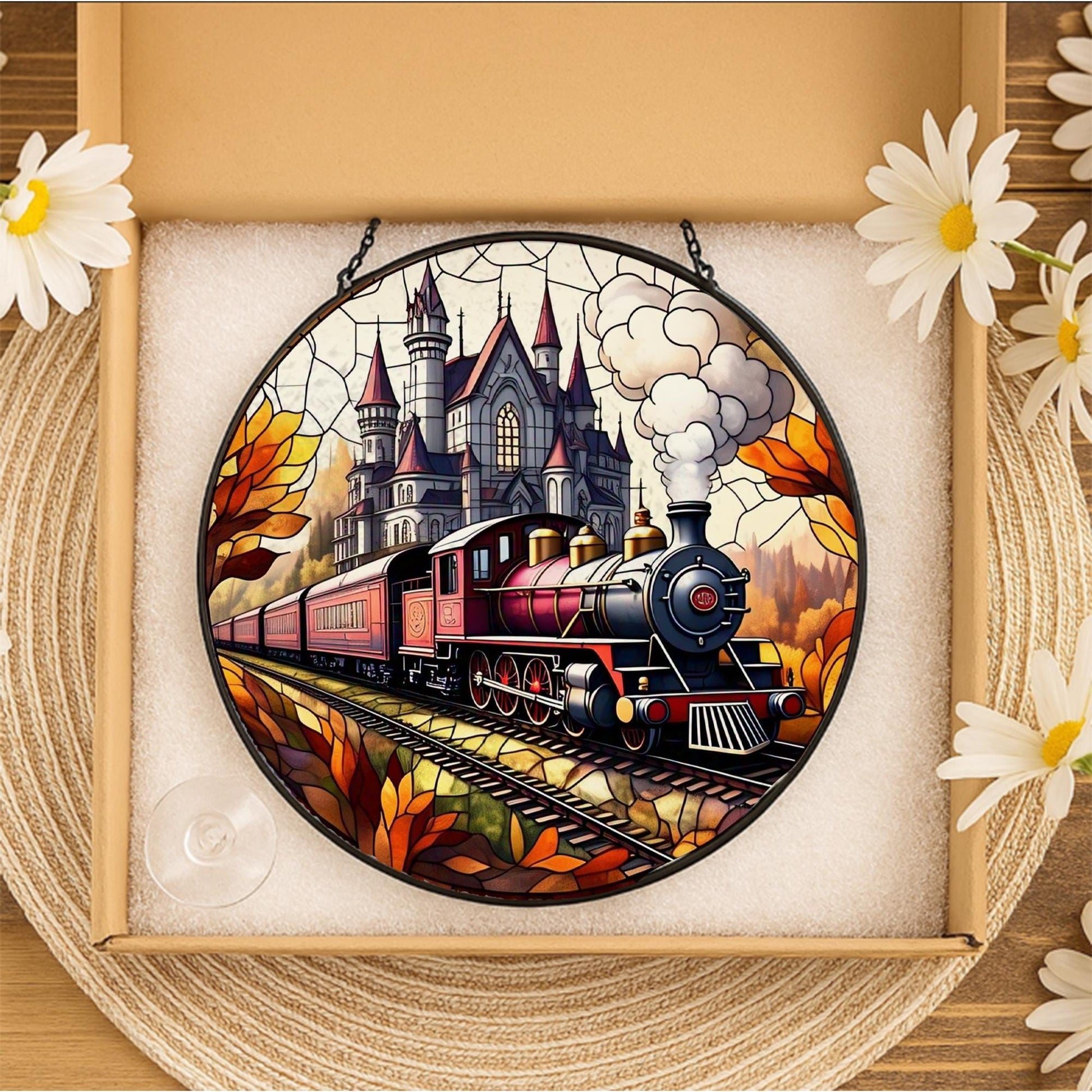 Autumn Train Glass Suncatcher | Fall Steam Engine Window Decor | Glass Suncatcher Castle Scene | Vintage Railroad Gift | Cozy Autumn Art