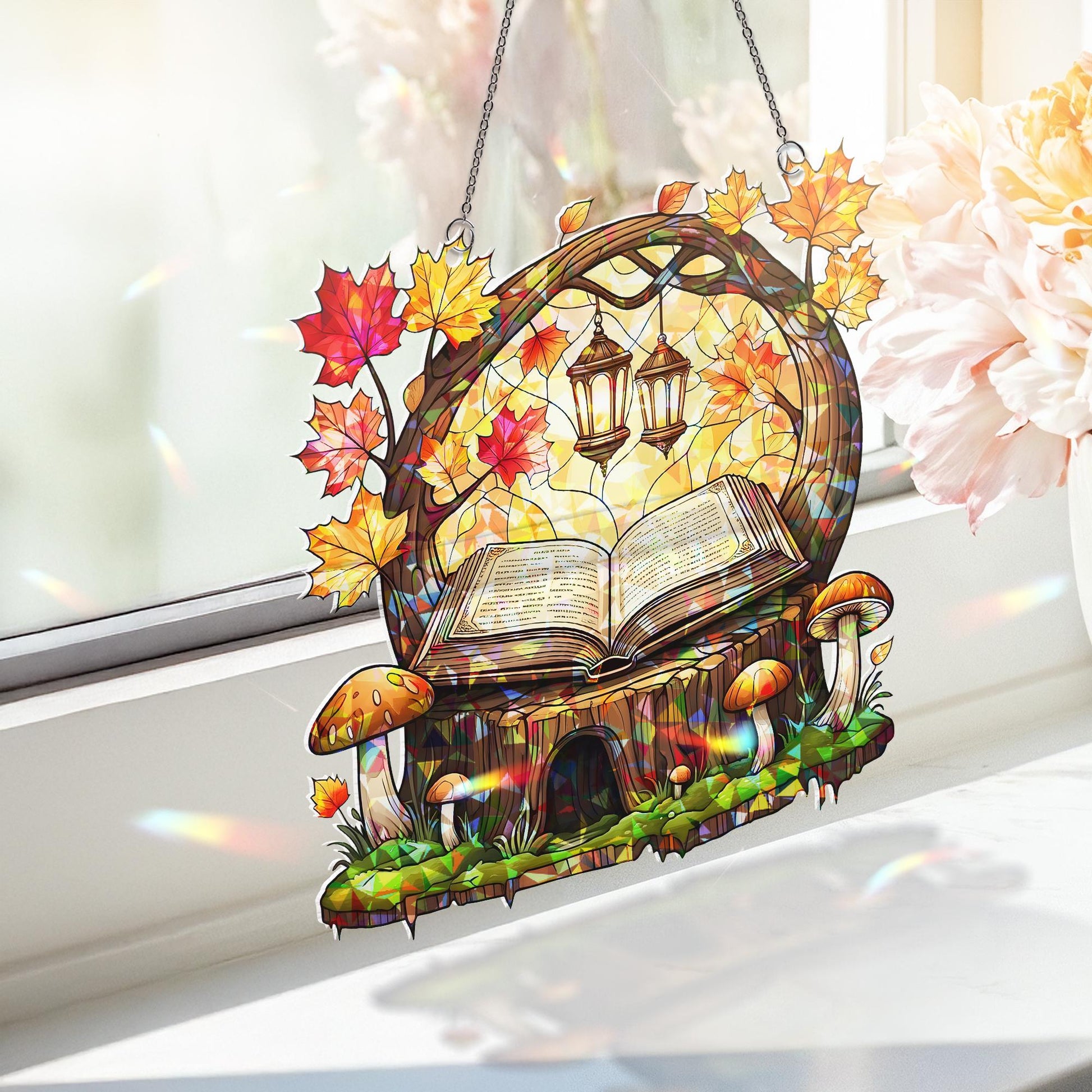 Autumn Book Nook Acrylic Window Hanging | Fall Fairy Forest Decor with Lanterns, Leaves & Mushrooms | Cozy Seasonal Window Art