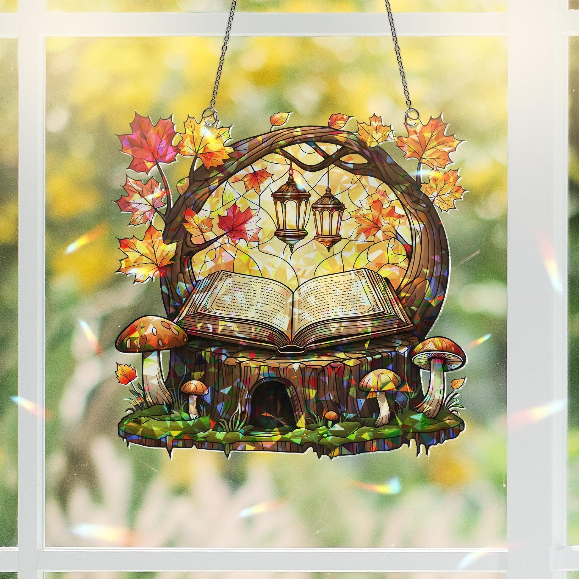 Autumn Book Nook Acrylic Window Hanging | Fall Fairy Forest Decor with Lanterns, Leaves & Mushrooms | Cozy Seasonal Window Art