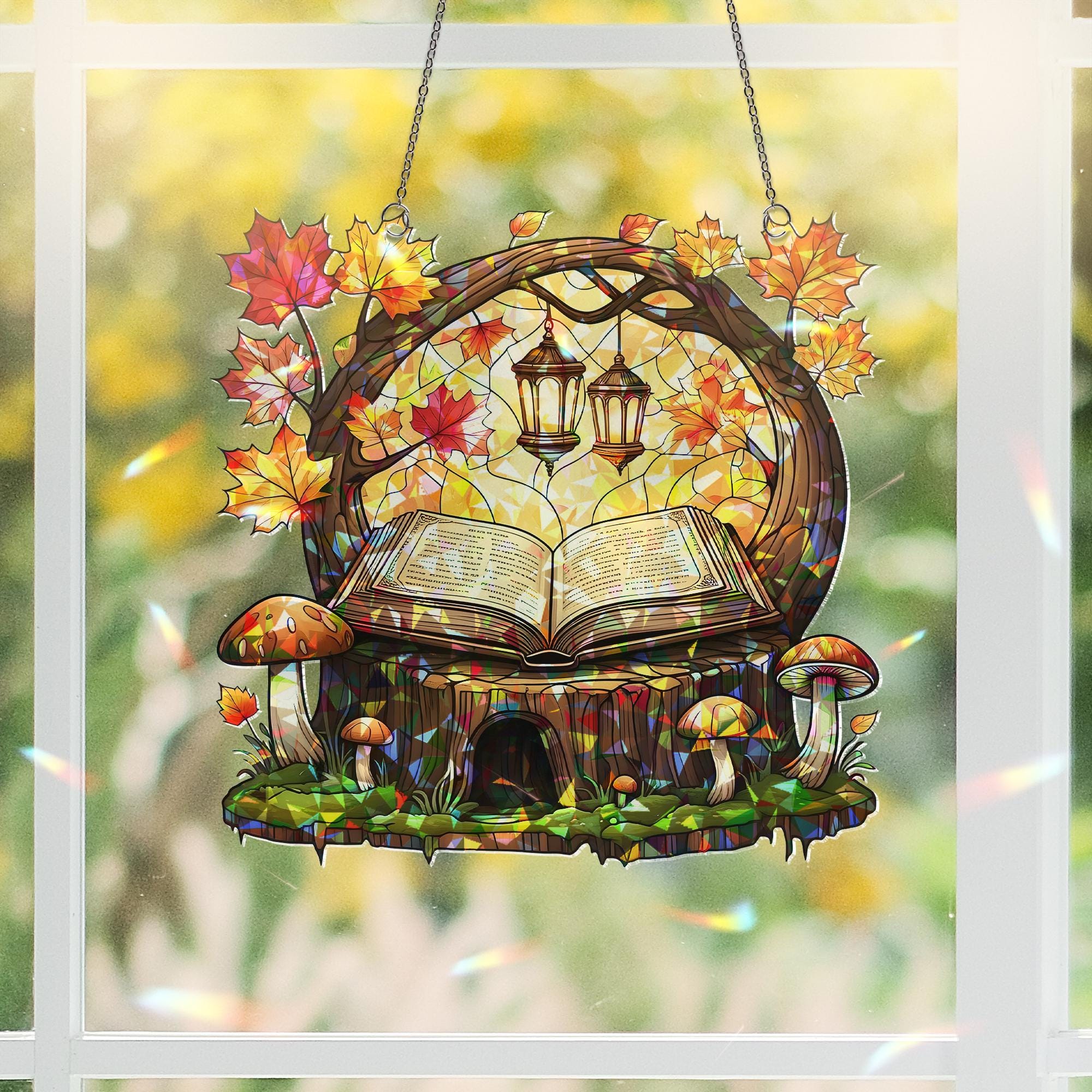 Autumn Book Nook Acrylic Window Hanging | Fall Fairy Forest Decor with Lanterns, Leaves & Mushrooms | Cozy Seasonal Window Art