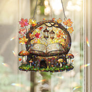 Autumn Book Nook Acrylic Window Hanging | Fall Fairy Forest Decor with Lanterns, Leaves & Mushrooms | Cozy Seasonal Window Art