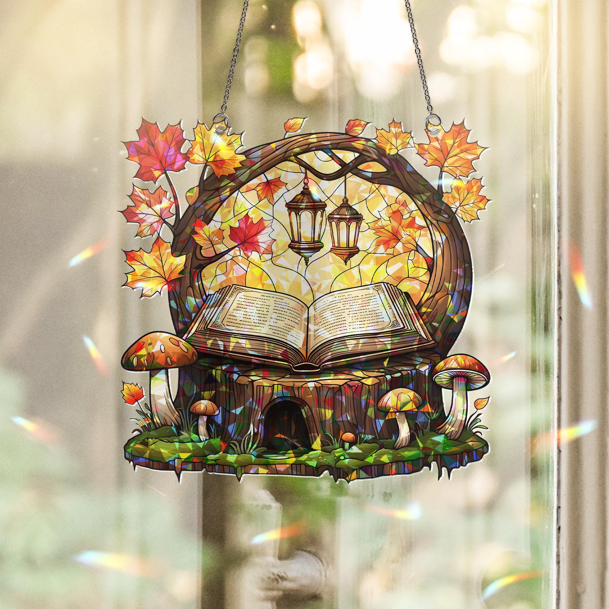 Autumn Book Nook Acrylic Window Hanging | Fall Fairy Forest Decor with Lanterns, Leaves & Mushrooms | Cozy Seasonal Window Art