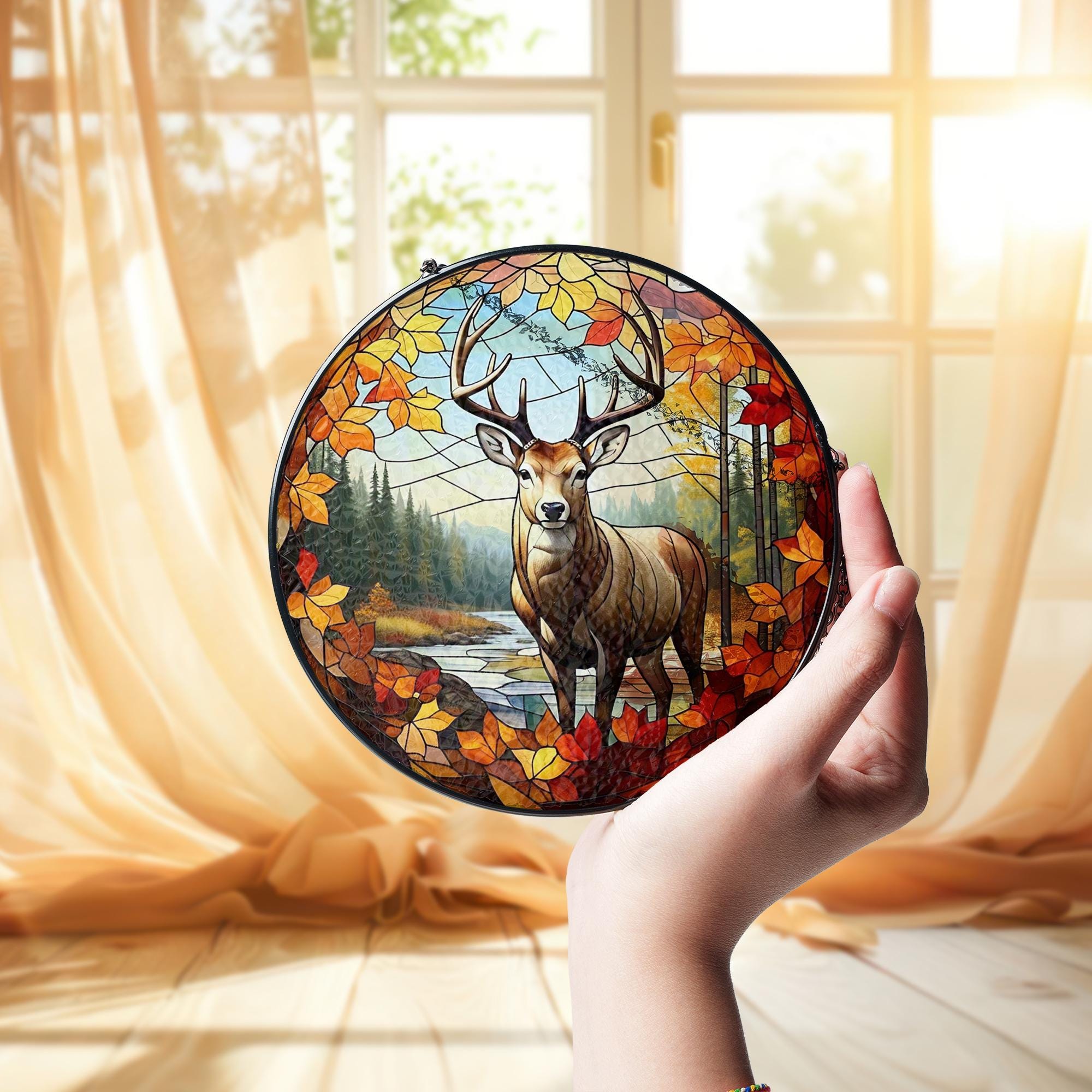 Deer Glass Suncatcher for Autumn | Stained Forest Buck Fall Decor | Rustic Woodland Window Hanging | Cabin Wildlife Home Gift
