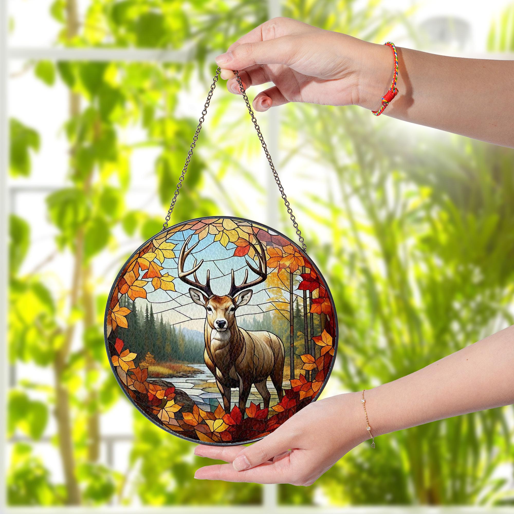 Deer Glass Suncatcher for Autumn | Stained Forest Buck Fall Decor | Rustic Woodland Window Hanging | Cabin Wildlife Home Gift