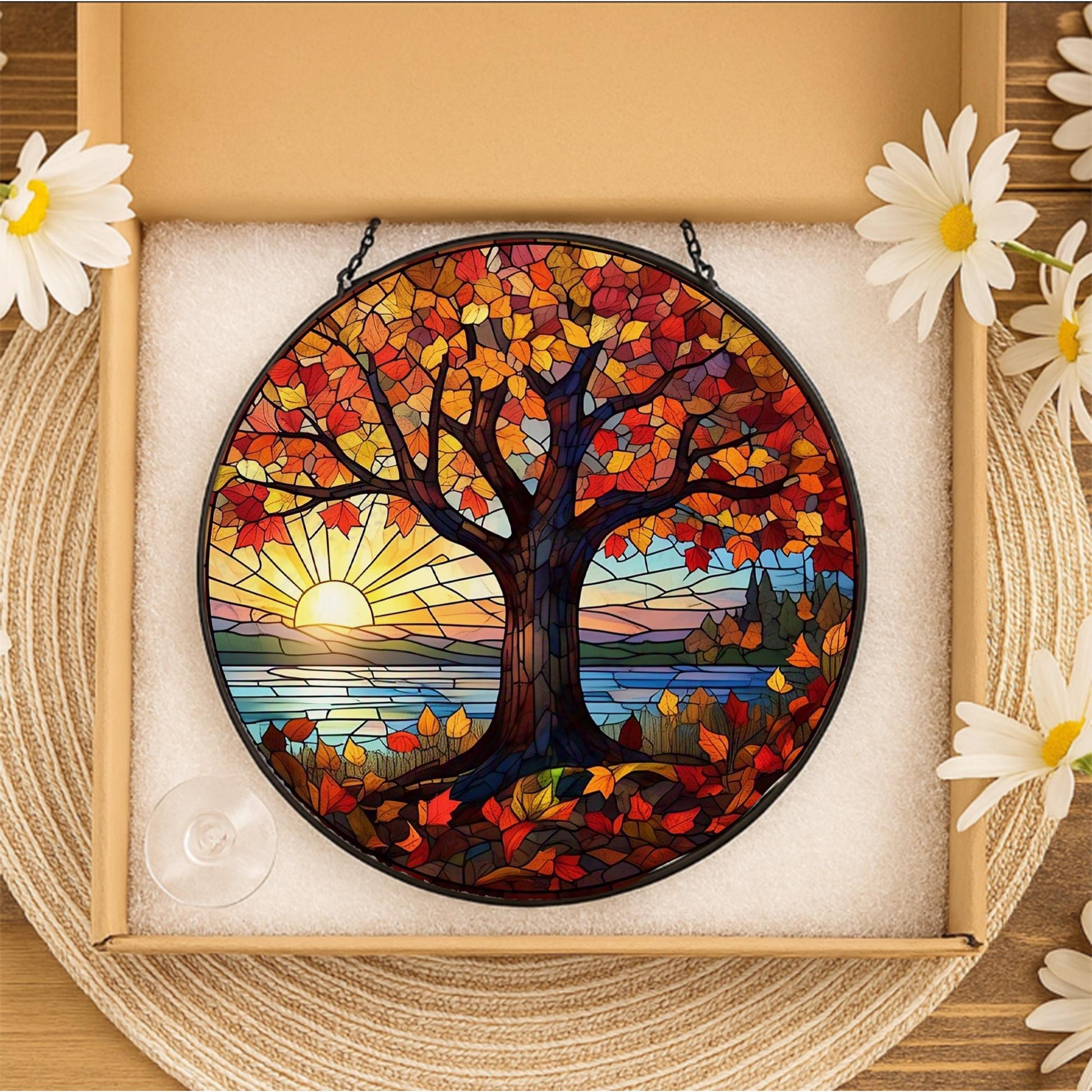 Autumn Tree Glass Suncatcher | Fall Sunset Window Decor | Colorful Glass Suncatcher Hanging | Nature Lover Gift | Autumn Home Accent