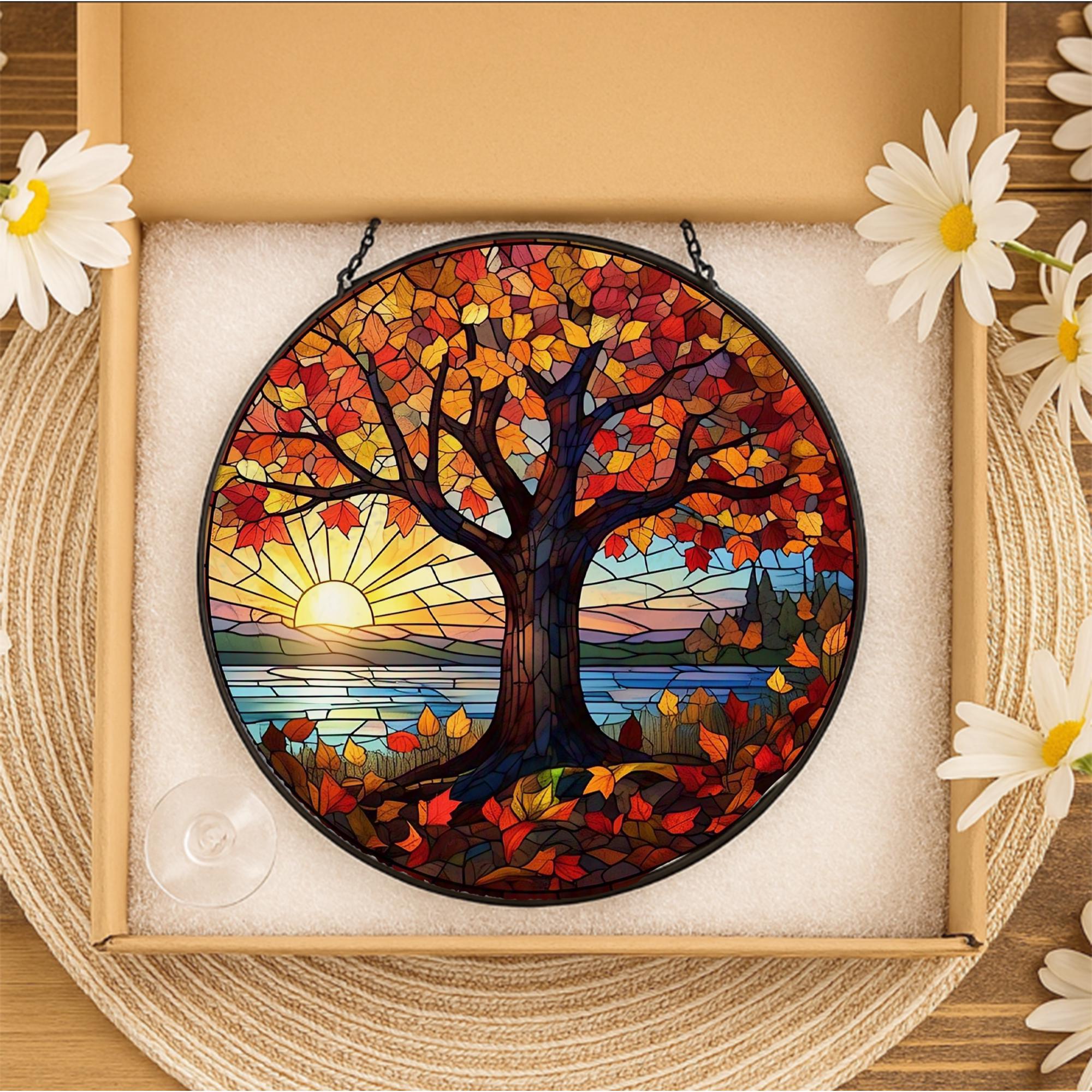 Autumn Tree Glass Suncatcher | Fall Sunset Window Decor | Colorful Glass Suncatcher Hanging | Nature Lover Gift | Autumn Home Accent