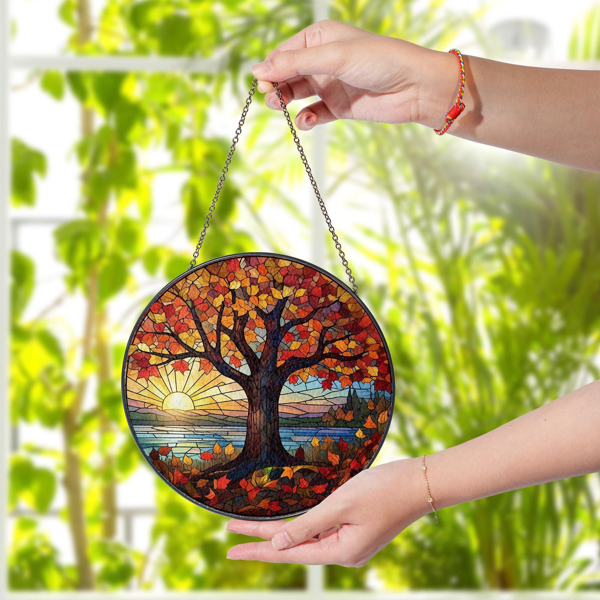 Autumn Tree Glass Suncatcher | Fall Sunset Window Decor | Colorful Glass Suncatcher Hanging | Nature Lover Gift | Autumn Home Accent