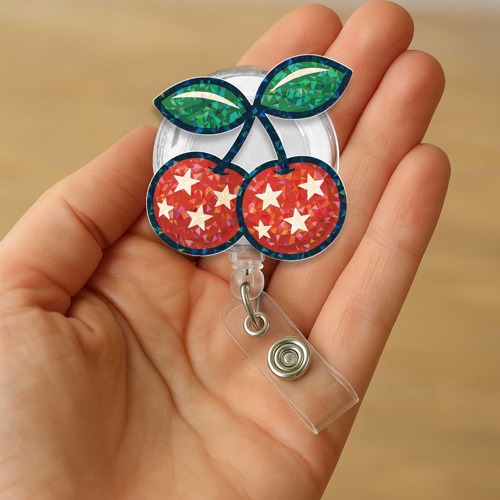 Cherry Badge Reel, 4th of July ID Holder, Patriotic Star Badge, Glitter Retractable Clip, Cute Red White Blue Badge Reel